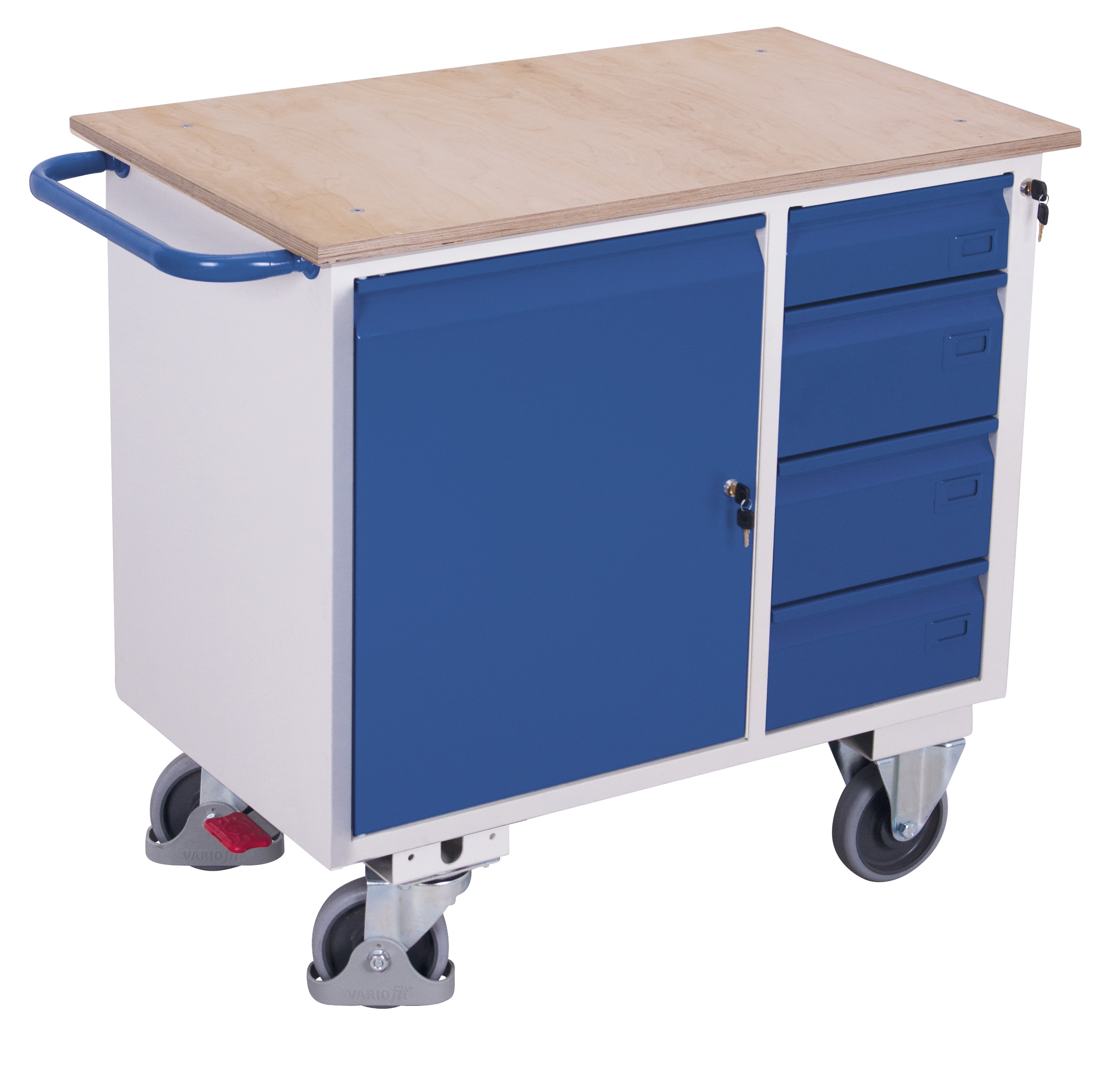 Stabiler Werkstattwagen mit 4 Schubladen und Flügeltürschrank, 400 kg Traglast, RAL 5010, 1110 × 600 mm Stabiler Werkstattwagen mit 4 Schubladen und Flügeltürschrank, 400 kg Traglast, RAL 5010, 1110 × 600 mm
