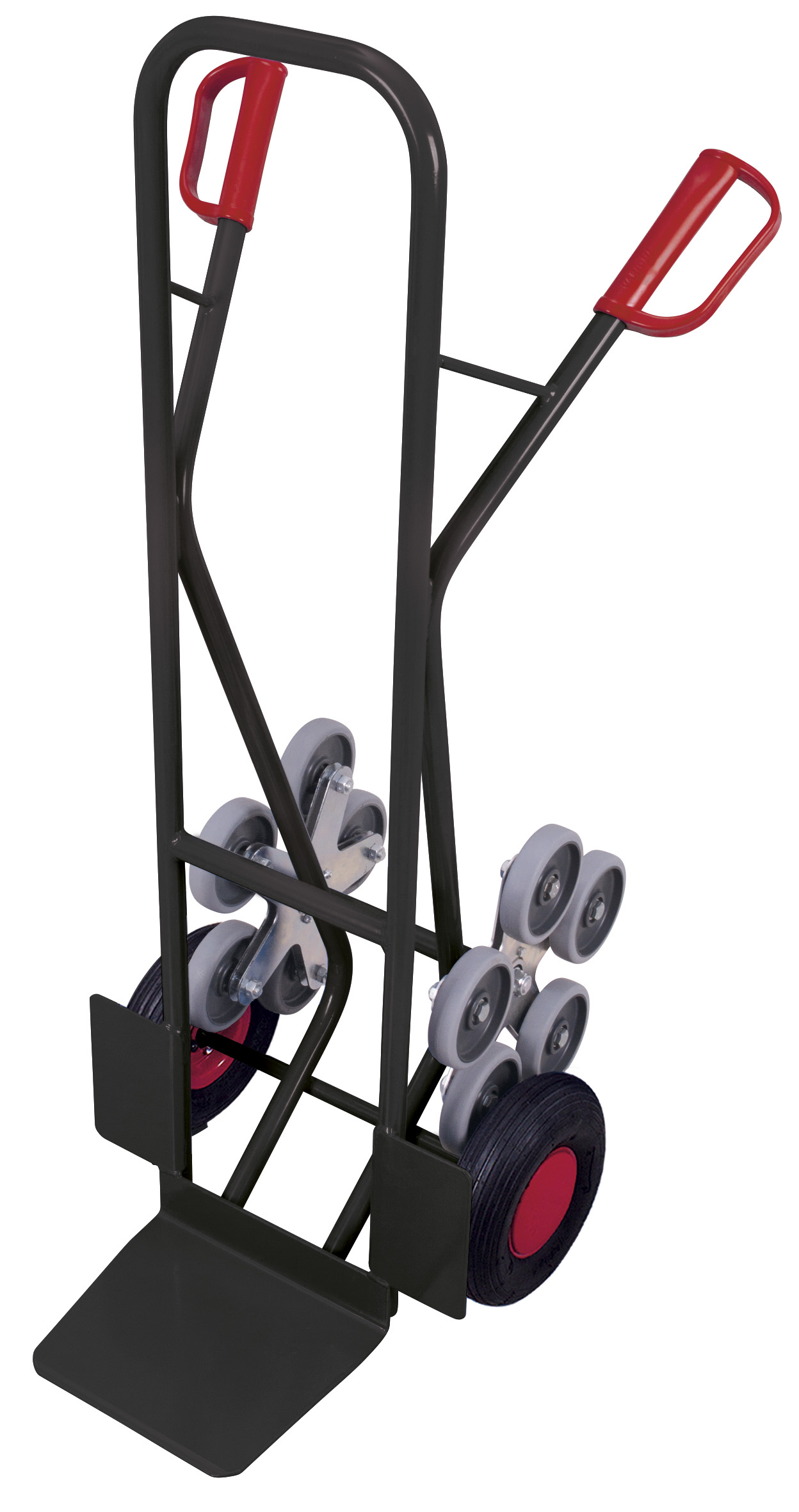 Robuste Treppenkarre 610 × 675 × 1310 mm mit fünfarmigen Radsternen, Luftbereifung, RAL 7016 Robuste Treppenkarre 610 × 675 × 1310 mm mit fünfarmigen Radsternen, Luftbereifung, RAL 7016