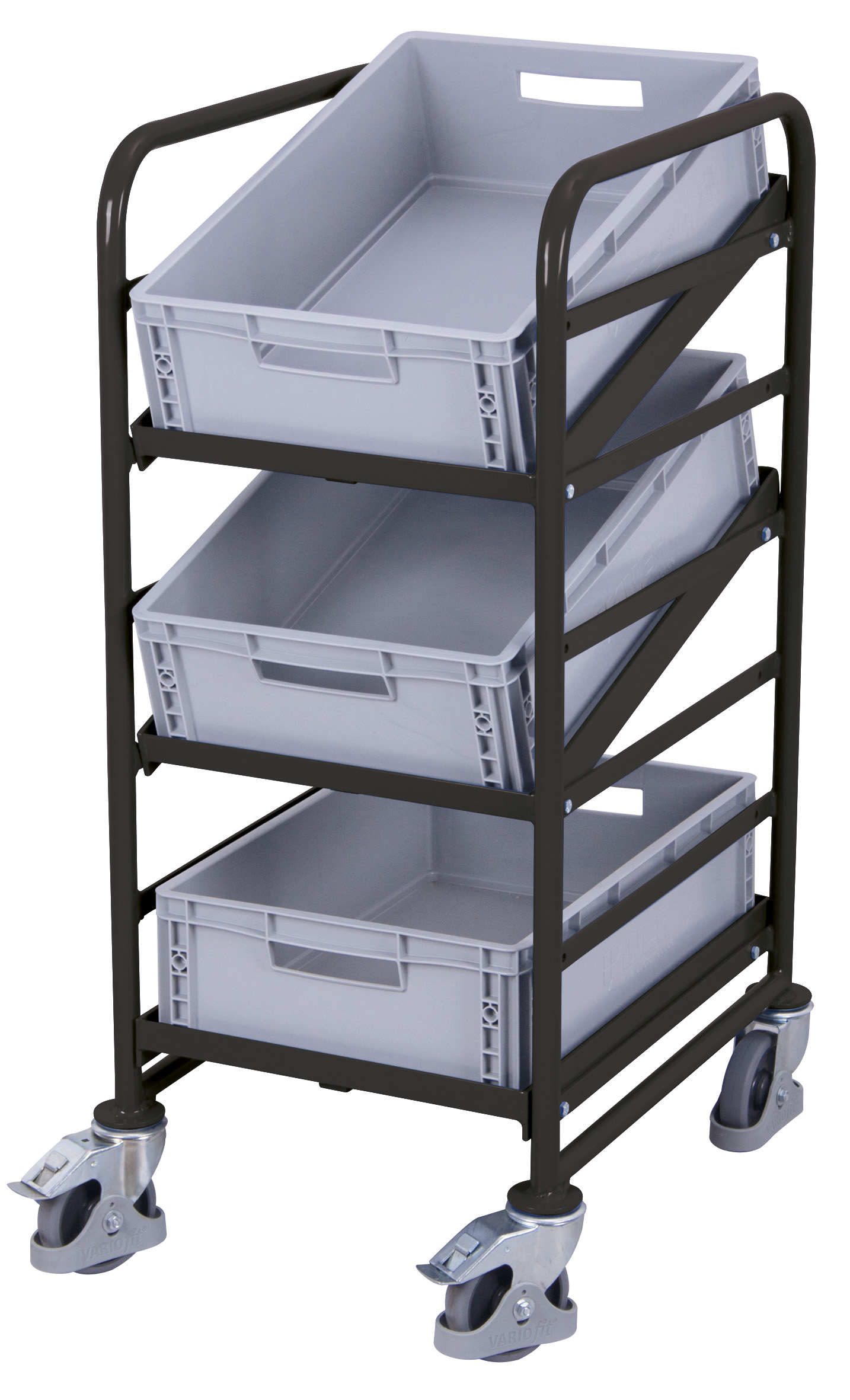 Kompakter Eurokastenwagen mit 3 Kisten 520 × 665 × 1160 mm, RAL 7016, 200 kg Traglast