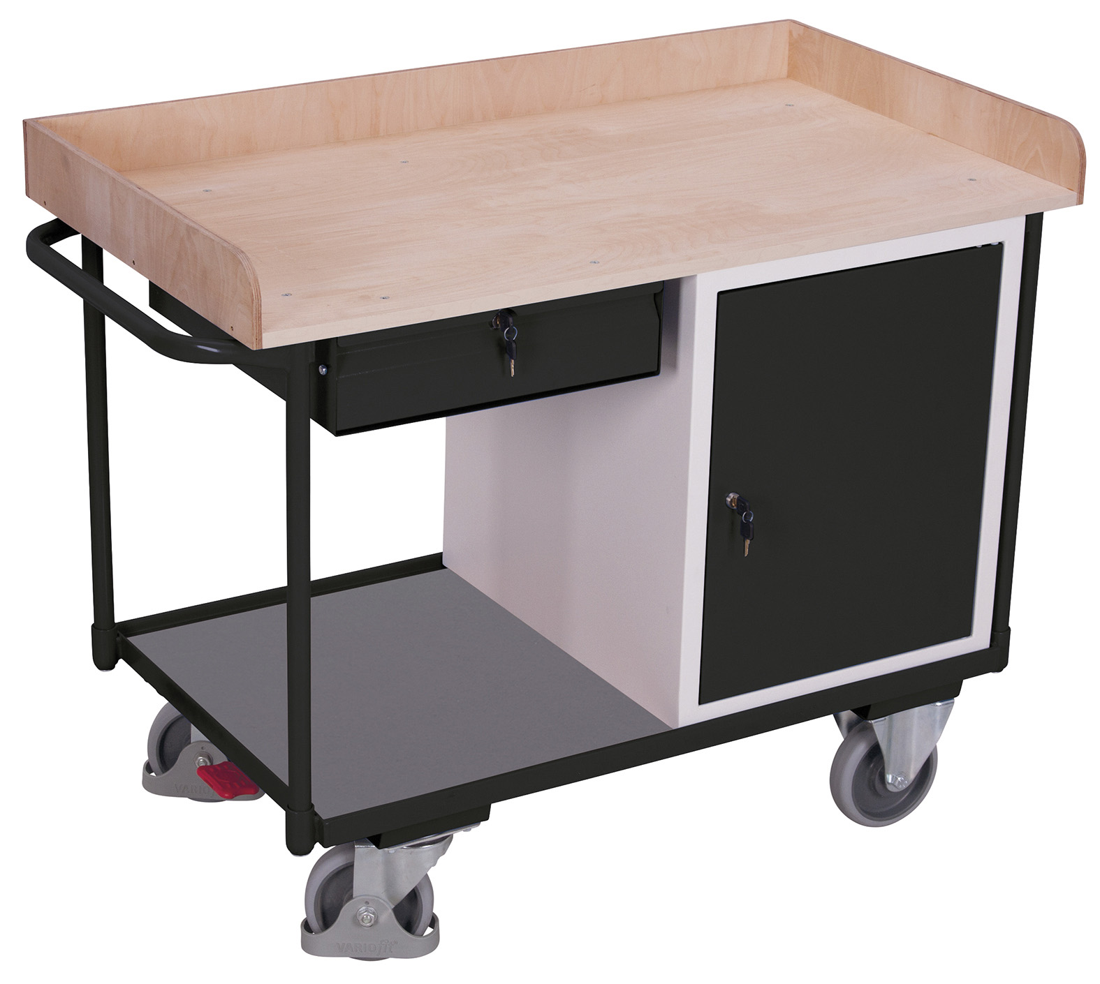 Durchdachter Werkstattwagen 400 kg mit 2 Ladeflächen, Schrank und Schublade, RAL 7016, 1220 × 640 mm Durchdachter Werkstattwagen 400 kg mit 2 Ladeflächen, Schrank und Schublade, RAL 7016, 1220 × 640 mm