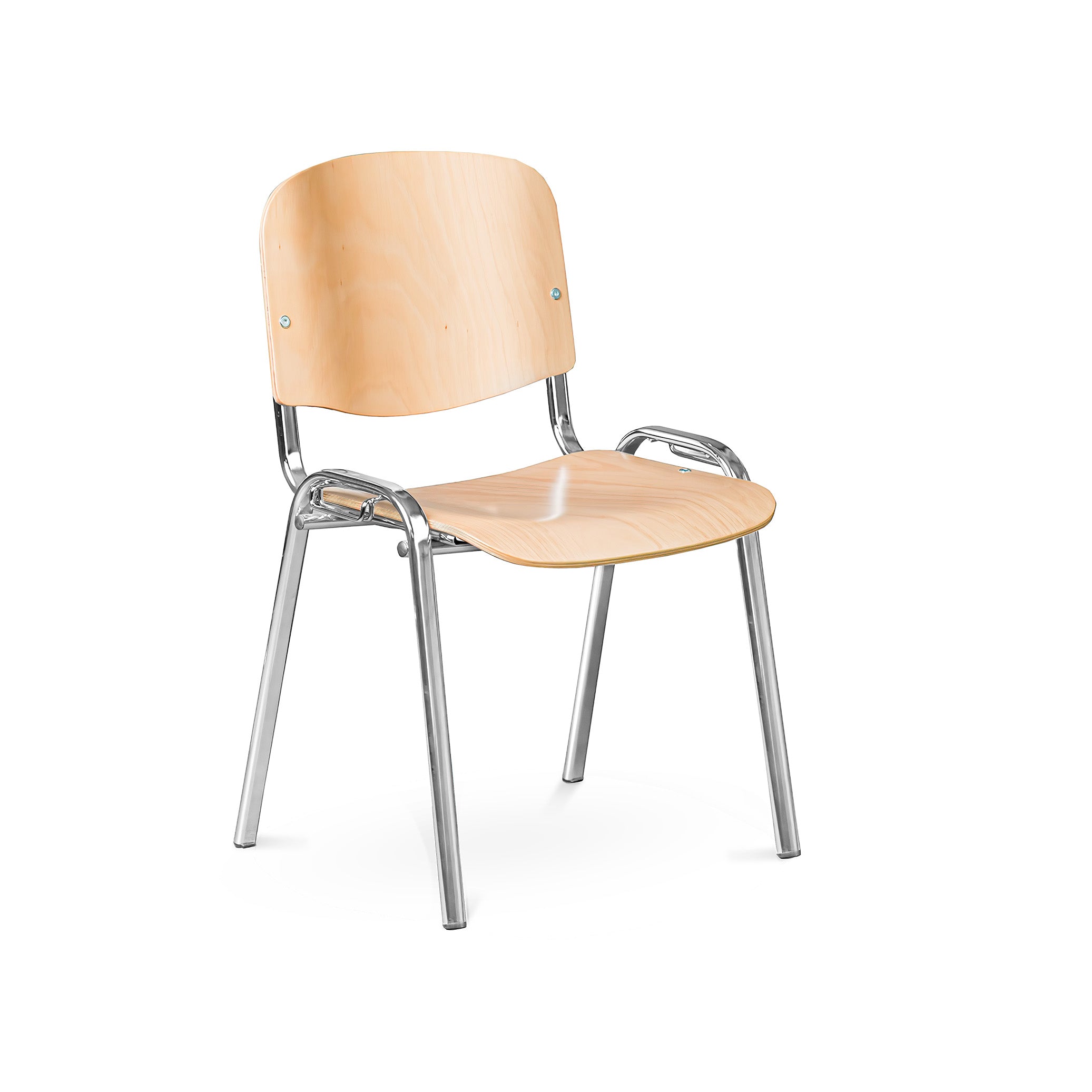 Klassischer Stapelstuhl, Holzschale ohne Polster, Gestell verchromt Klassischer Stapelstuhl, Holzschale ohne Polster, Gestell verchromt