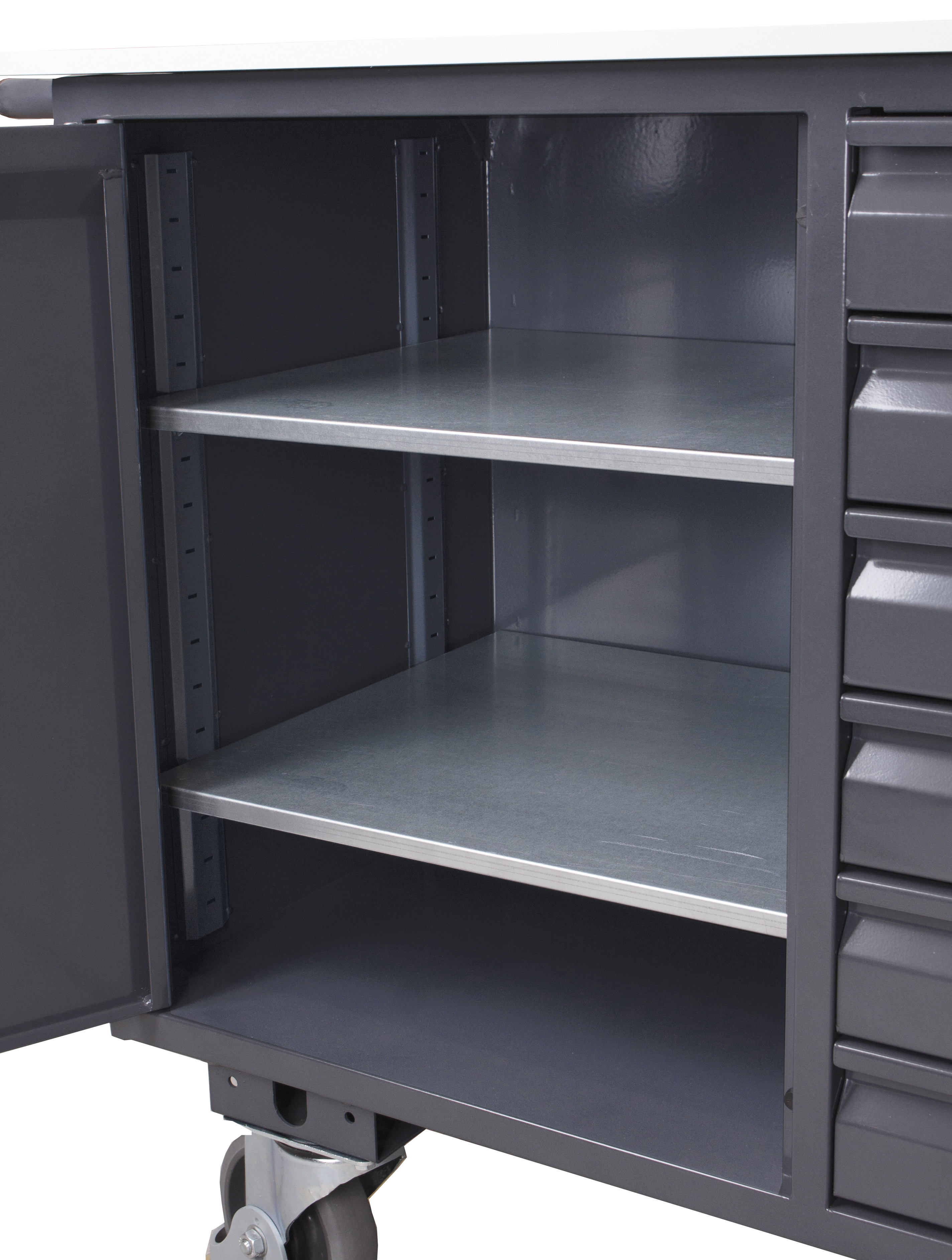 Geräumiger ESD Werkstattwagen 400 kg mit 6 Schubladen und Schrank, RAL 7024, 1110 × 600 mm