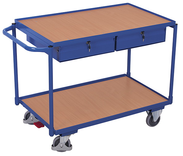 Funktionaler Tischwagen 1175 × 625 mm mit 2 Holzladeflächen und 2 Schubladen, 250 kg Traglast, RAL 5010, ideal für Werkstatt & Montage Funktionaler Tischwagen 1175 × 625 mm mit 2 Holzladeflächen und 2 Schubladen, 250 kg Traglast, RAL 5010, ideal für Werkstatt & Montage