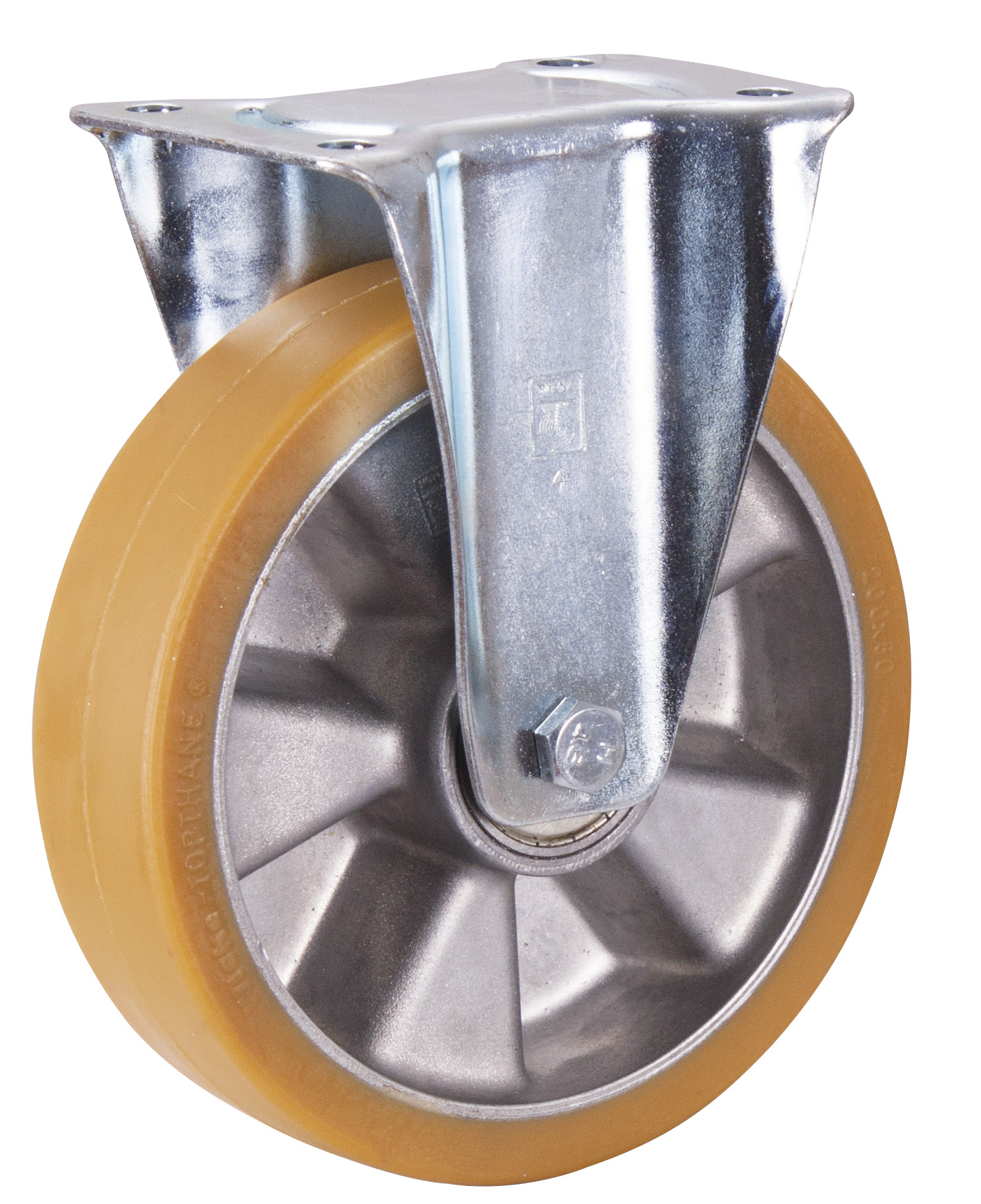 Hochbelastbare Bockrolle 200 mm aus Polyurethan, 500 kg Traglast, Bauhöhe 235 mm, verschleißfest Hochbelastbare Bockrolle 200 mm aus Polyurethan, 500 kg Traglast, Bauhöhe 235 mm, verschleißfest