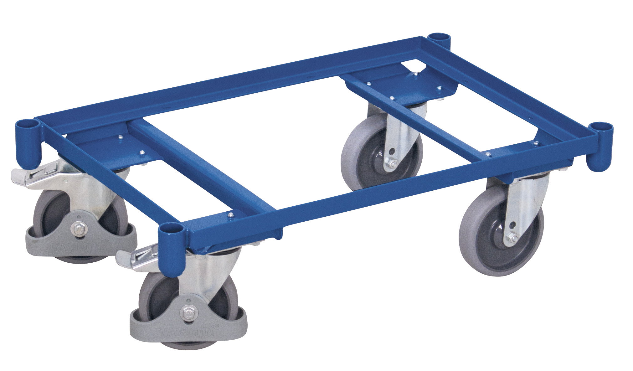 Kompakter Plattformroller 675 × 415 mm mit Eckhülsen für Eurokisten, 250 kg Traglast, RAL 5010, ideal für Lager & Logistik Kompakter Plattformroller 675 × 415 mm mit Eckhülsen für Eurokisten, 250 kg Traglast, RAL 5010, ideal für Lager & Logistik