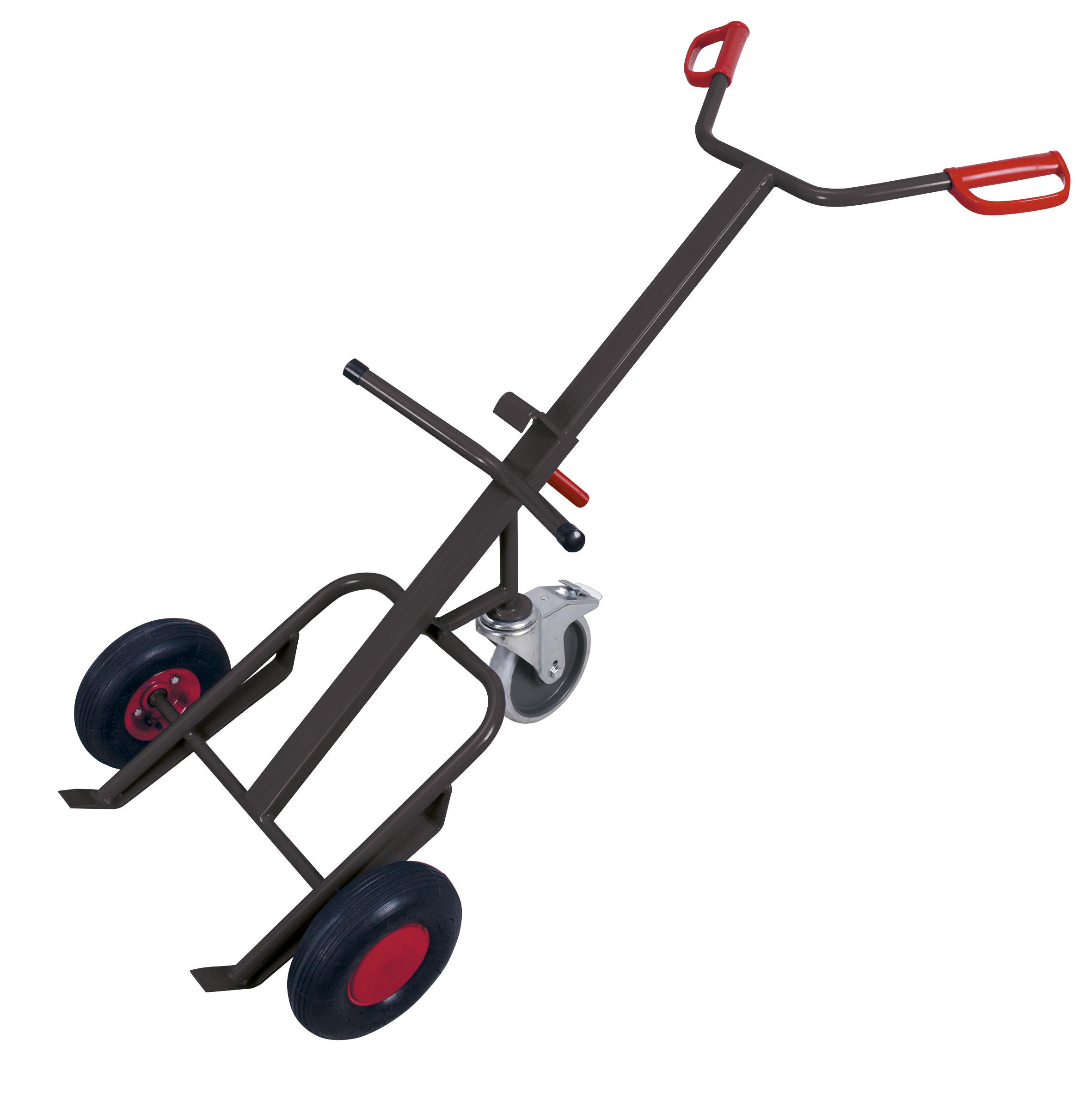 Praktische Fasskarre 735 × 1445 × 870 mm mit 1 Stützbremsrolle und Luftbereifung für 200-Liter-Stahlblechfässer, RAL 7016 Praktische Fasskarre 735 × 1445 × 870 mm mit 1 Stützbremsrolle und Luftbereifung für 200-Liter-Stahlblechfässer, RAL 7016