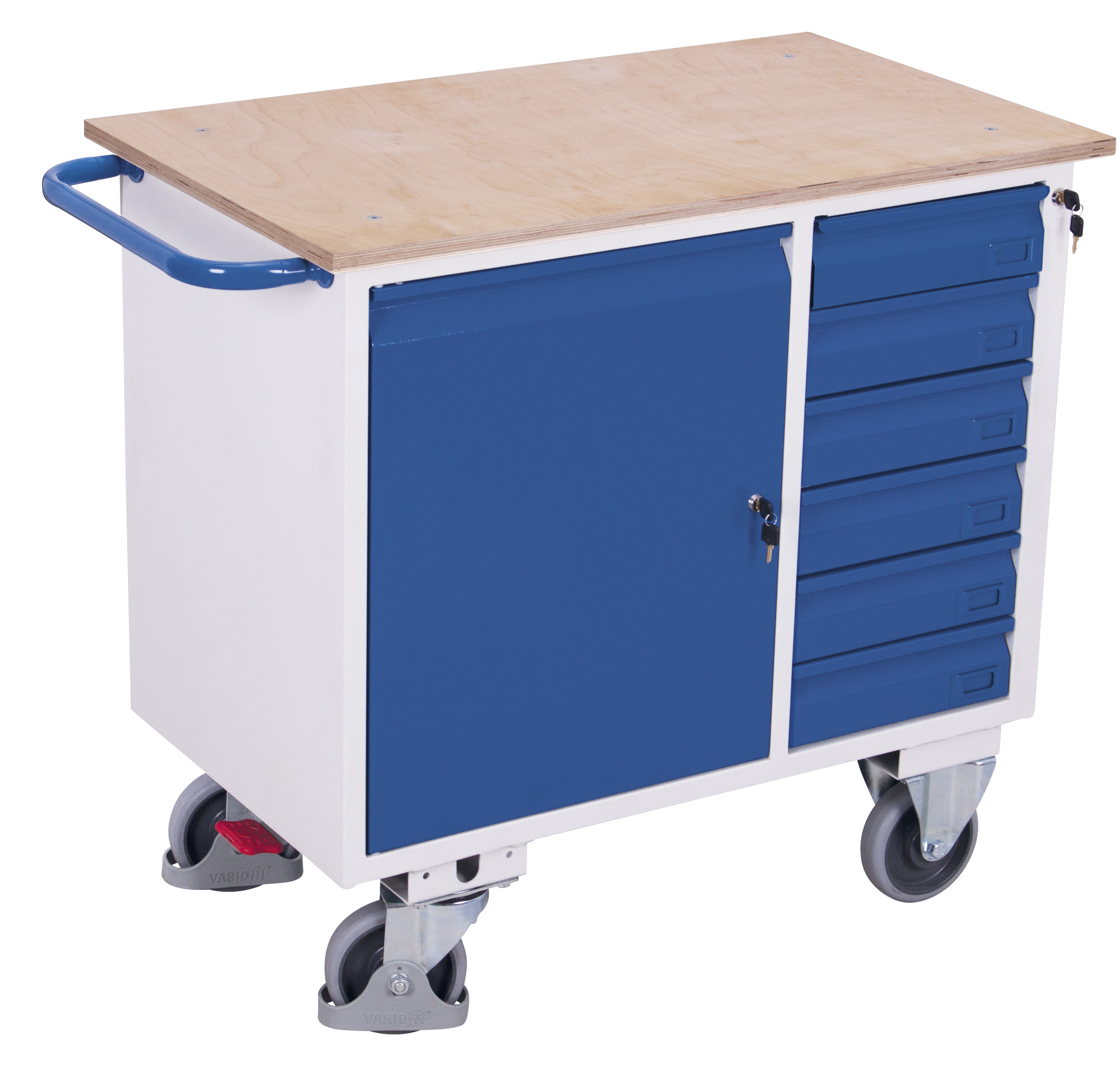 Stabiler Werkstattwagen mit 6 Schubladen und Flügeltürschrank, 400 kg Traglast, RAL 5010, 1110 × 600 mm Stabiler Werkstattwagen mit 6 Schubladen und Flügeltürschrank, 400 kg Traglast, RAL 5010, 1110 × 600 mm