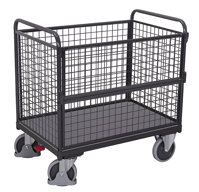 Großzügiger Drahtkastenwagen 1260 × 815 mm mit Holzladefläche, 500 kg Traglast, RAL 7016, ideal für Lager & Werkstatt