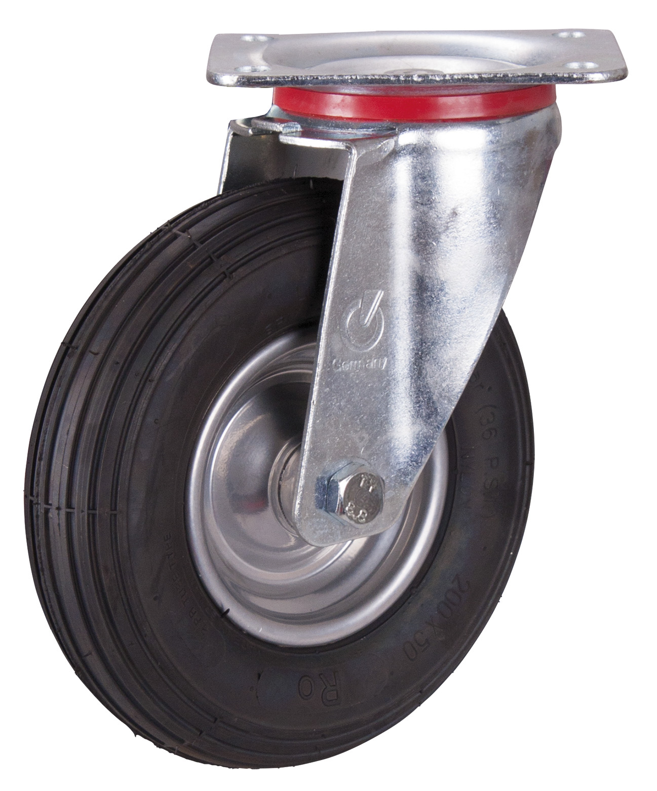 Strapazierfähige Lenkrolle 200 mm mit Luftbereifung, 75 kg Traglast, Bauhöhe 235 mm, geräuscharm Strapazierfähige Lenkrolle 200 mm mit Luftbereifung, 75 kg Traglast, Bauhöhe 235 mm, geräuscharm