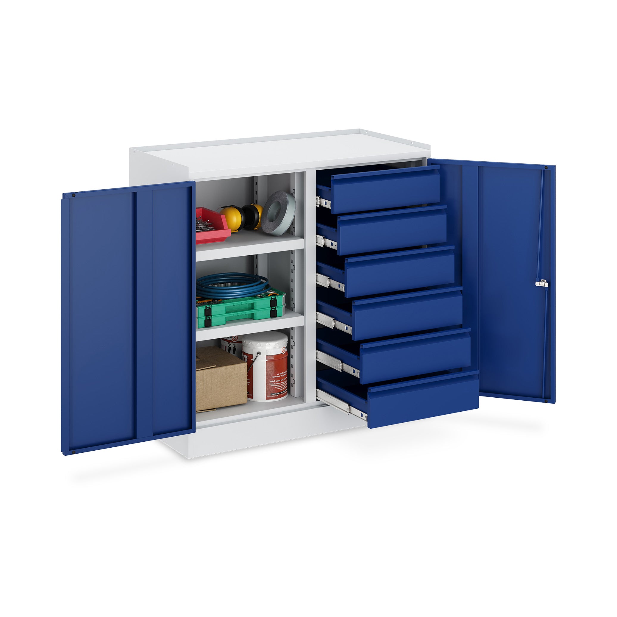 Geräumiger Werkzeugschrank 1000 × 500 × 1000 mm – 2 Türen, 2 Fachböden, 6 Schubladen, Farbe lichtgrau / enzianblau