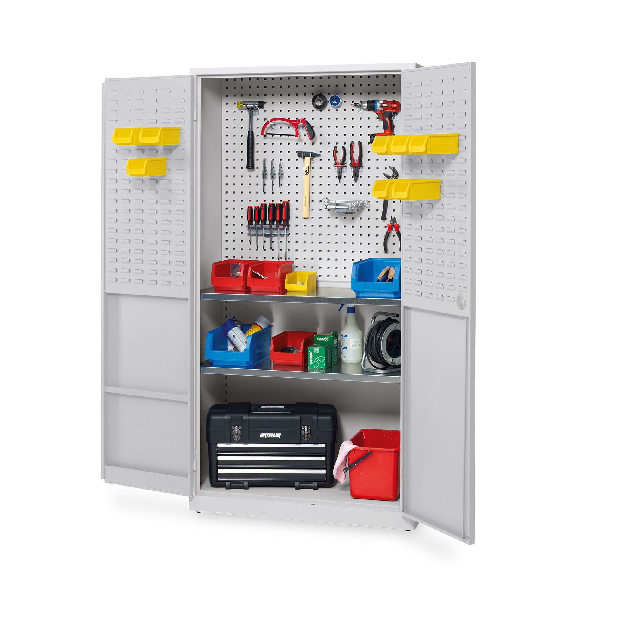 Metall-Werkstattschrank 1000 × 450 × 1945 mm – 2 Fachböden, Scharniertüren, lichtgrau / lichtgrau
