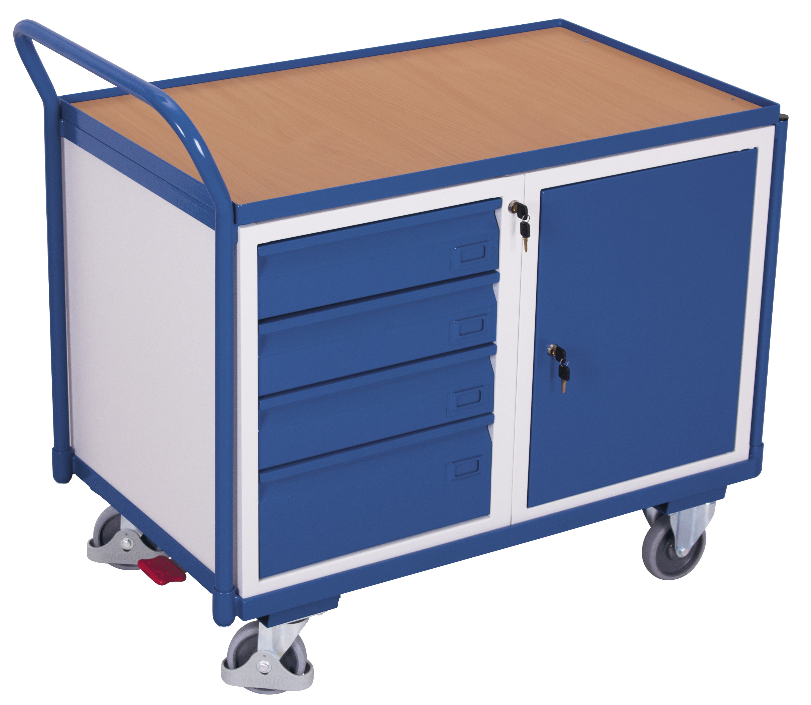 Vielseitiger Werkstattwagen 250 kg mit Schubladen, Ladefläche und Schrank, RAL 5010, 1125 × 625 mm Vielseitiger Werkstattwagen 250 kg mit Schubladen, Ladefläche und Schrank, RAL 5010, 1125 × 625 mm