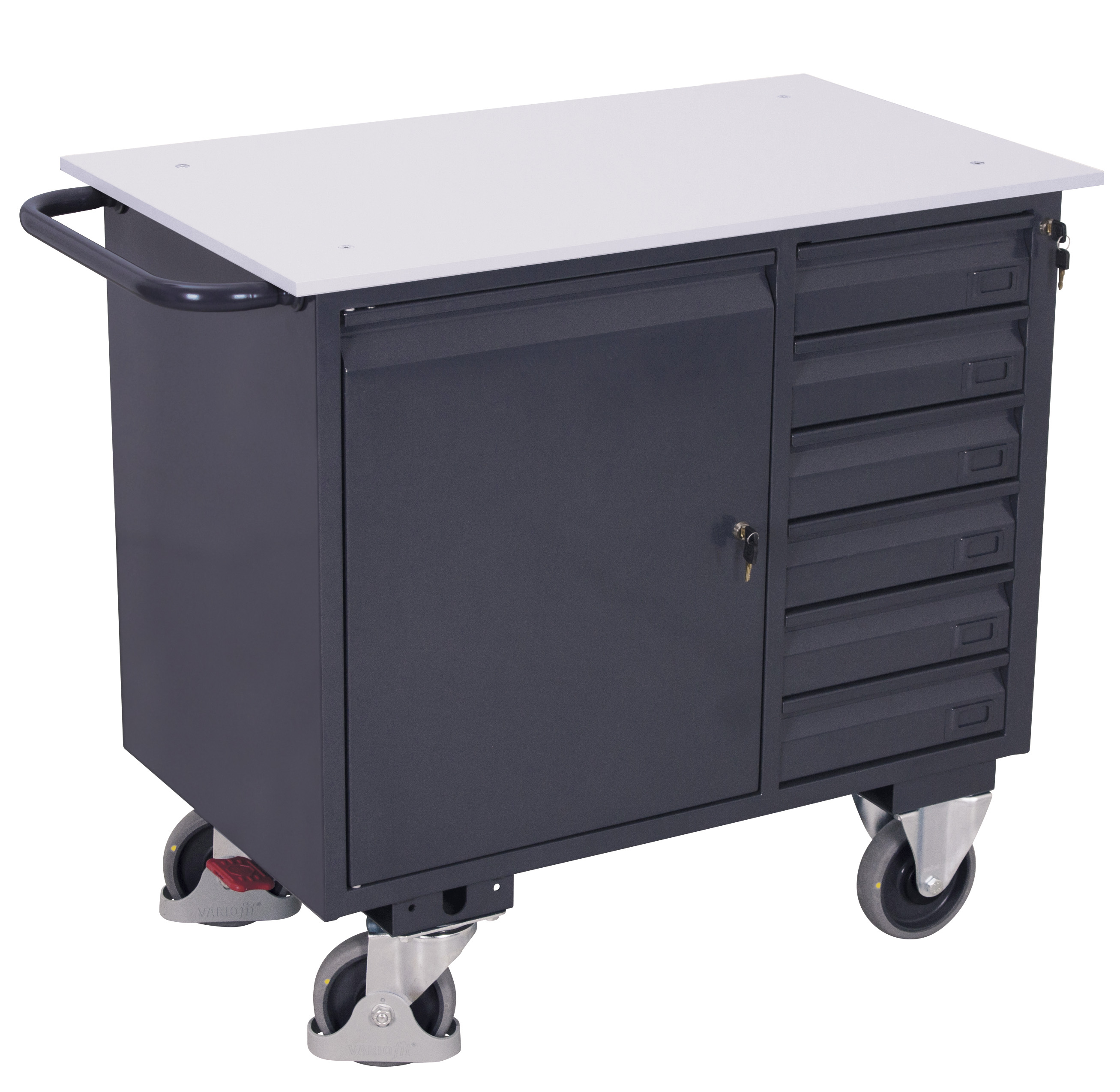 Geräumiger ESD Werkstattwagen 400 kg mit 6 Schubladen und Schrank, RAL 7024, 1110 × 600 mm Geräumiger ESD Werkstattwagen 400 kg mit 6 Schubladen und Schrank, RAL 7024, 1110 × 600 mm