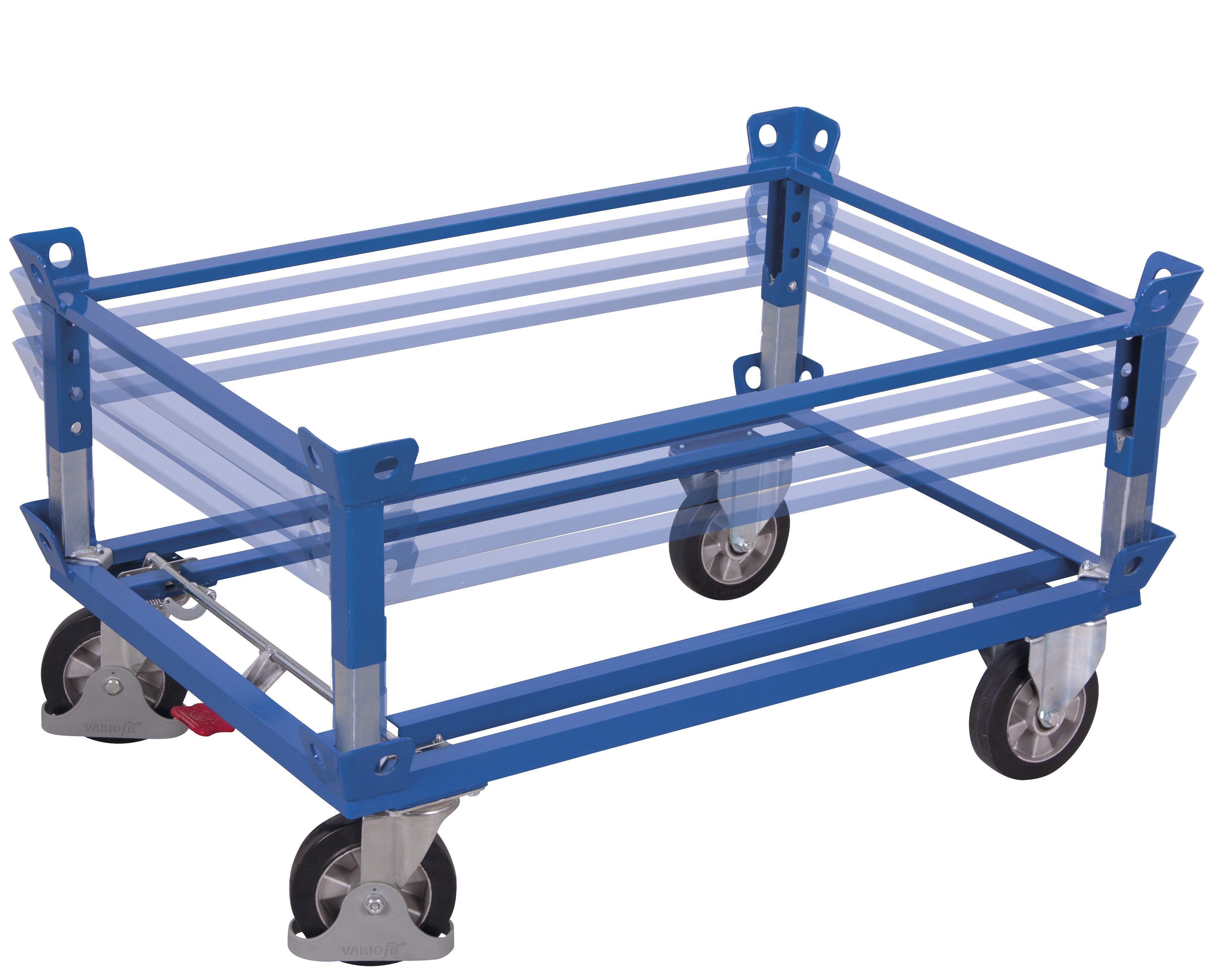 Anpassbarer Aufsatzrahmen 1270 × 1070 mm aus Stahl mit 4 Ladehöhen, RAL 5010, passend für Fahrgestelle, ideal für Lager & Werkstatt