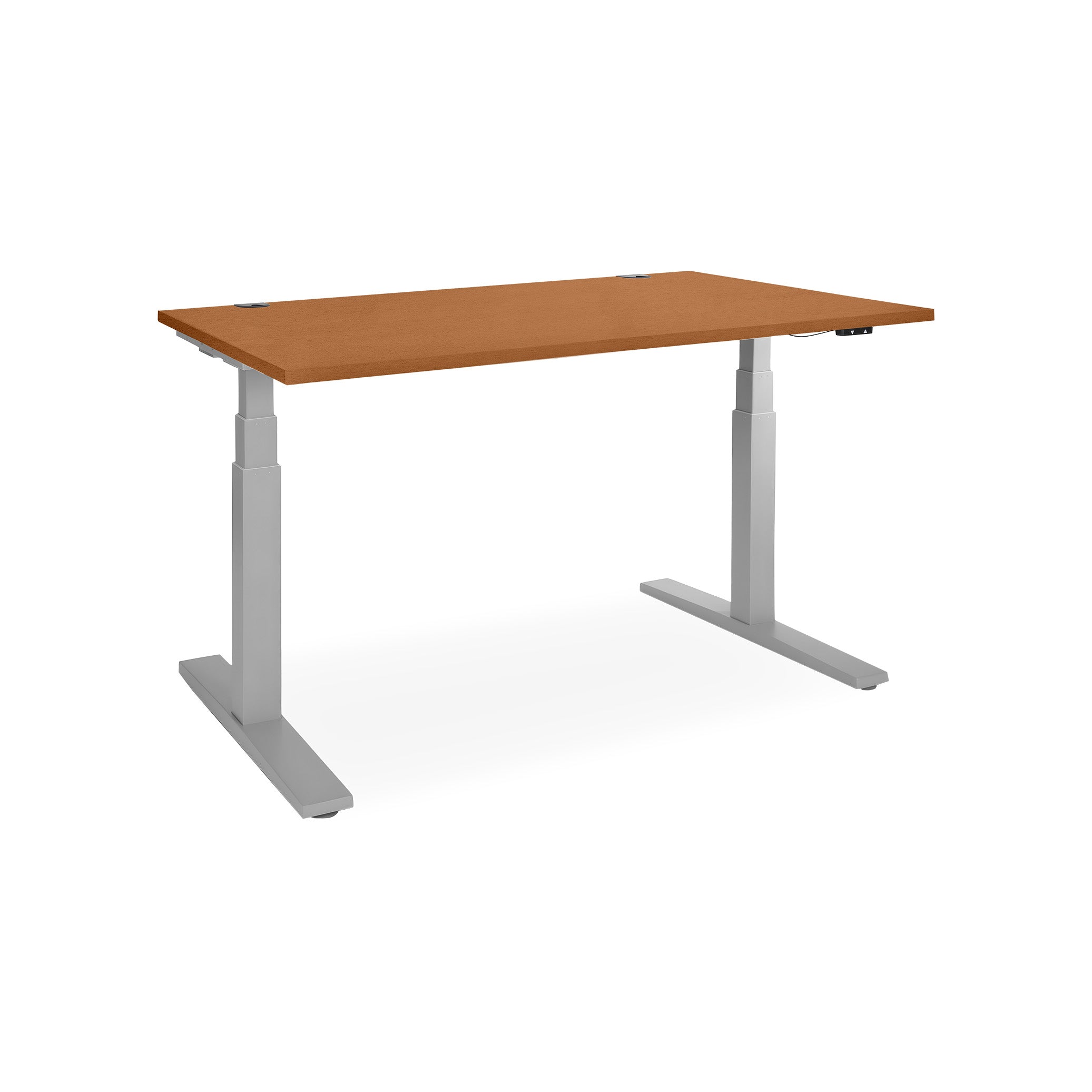 Schreibtisch elektrisch höhenverstellbar 1600 x 800 mm – Höhe 610-1250 mm, Farbe Weißaluminium / Buche