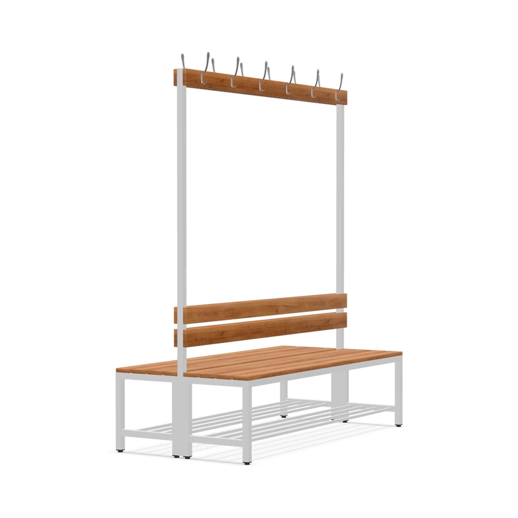 Platzsparende Doppelseitige Garderobenbank mit 12 Haken, 1500 × 400 × 1800 mm – mit Schuhrost Funktionale Doppelseitige Garderobenbank mit 12 Haken, 1600 × 400 × 1800 mm – mit Schuhrost