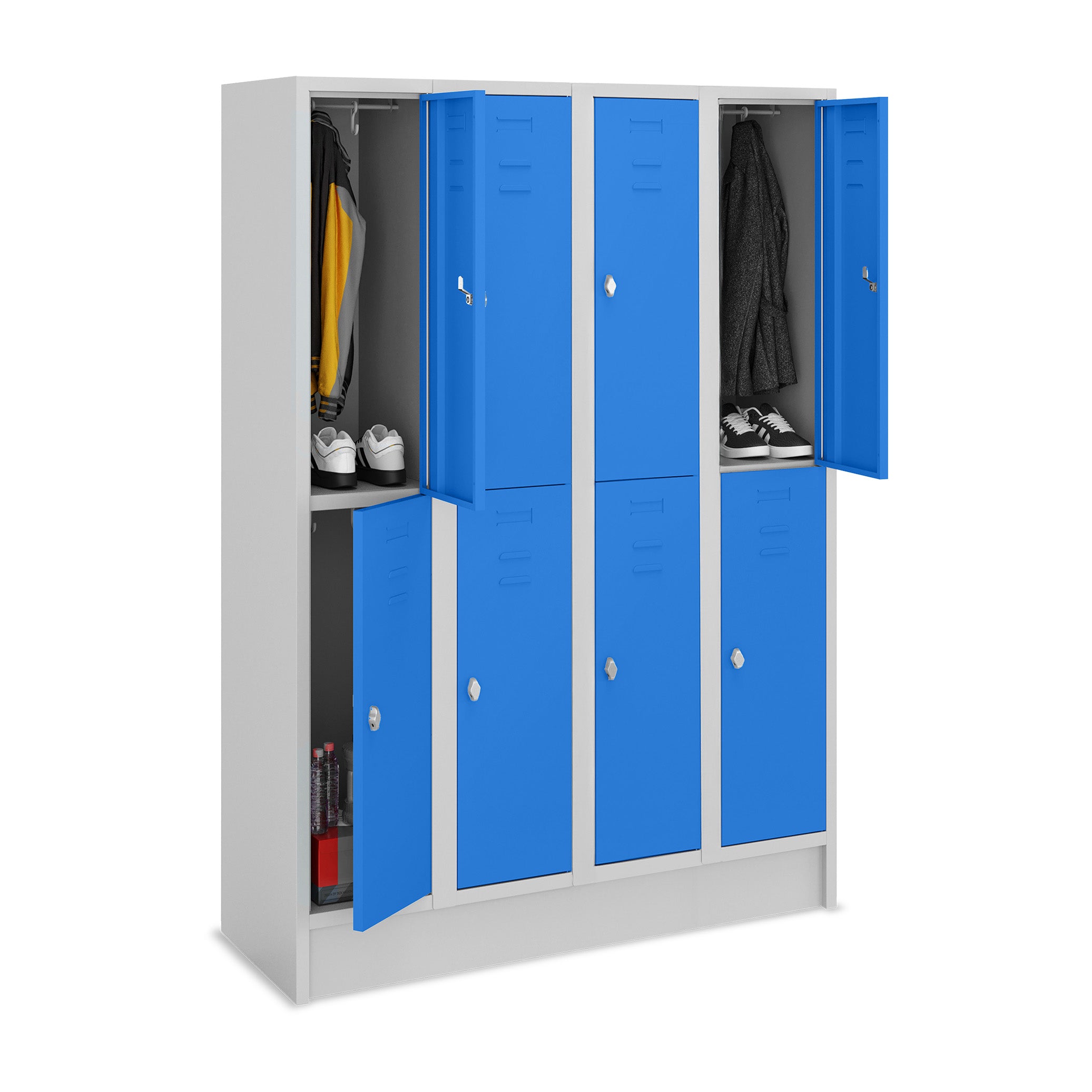 Fächerschrank mit 4 Abteilen und 8 Fächern, sichere Aufbewahrung – Lichtgrau / Enzianblau