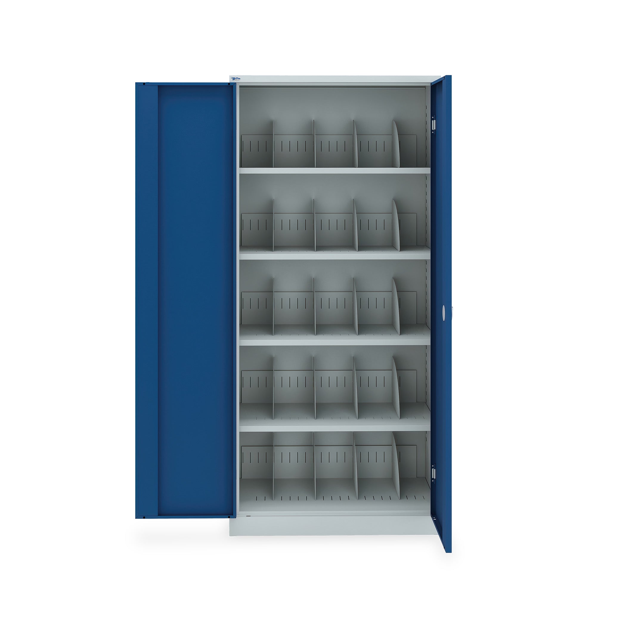 Materialschrank mit Schwerlastböden 1200 × 500 × 1950 mm – 5 Ordnerhöhen, Traglast 100 kg pro Boden, Farbe lichtgrau / enzianblau