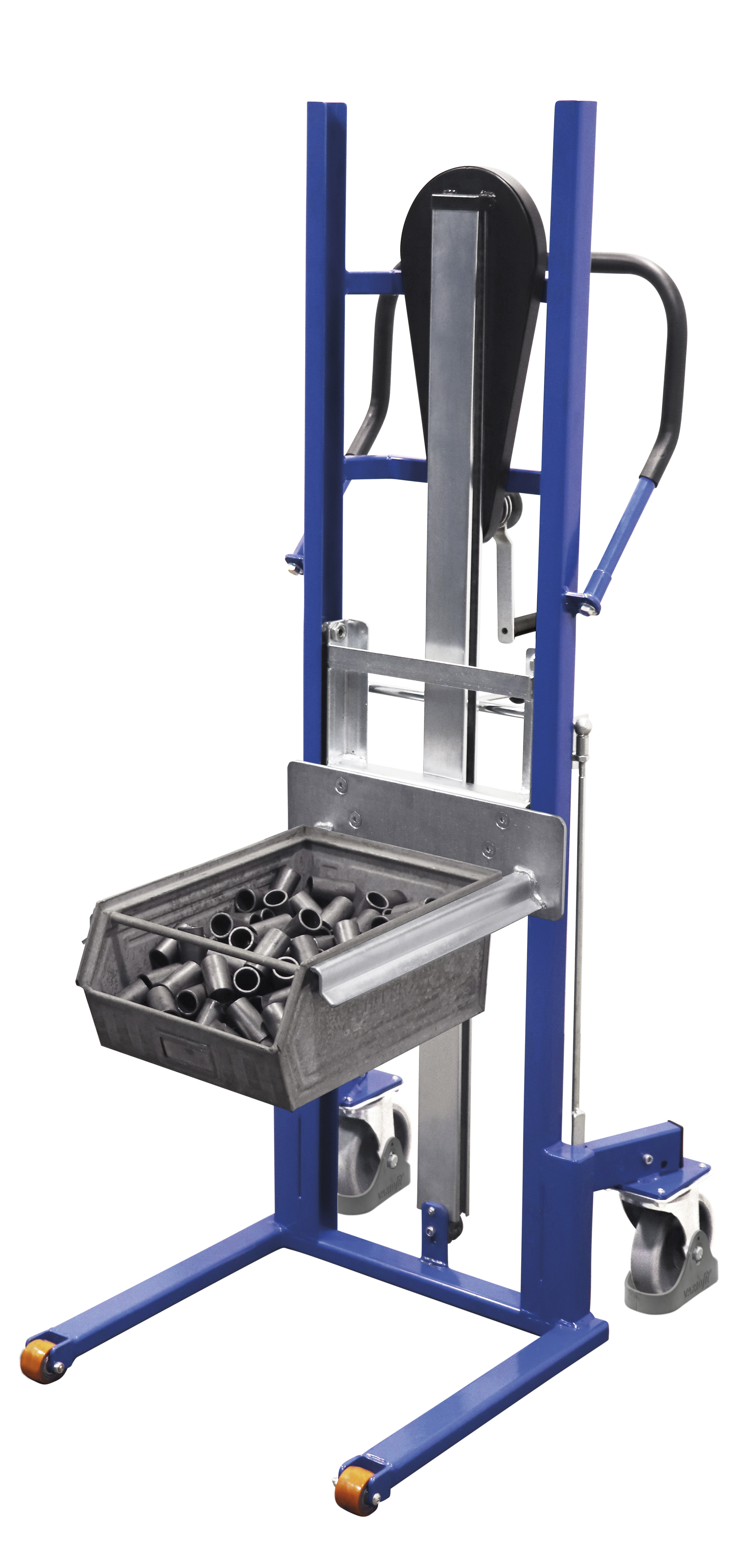 Robuster Materialheber 575 × 845 mm mit Vollgummibereifung und Gabelzinken, 250 kg, RAL 5010, für Werkstatt & Halle