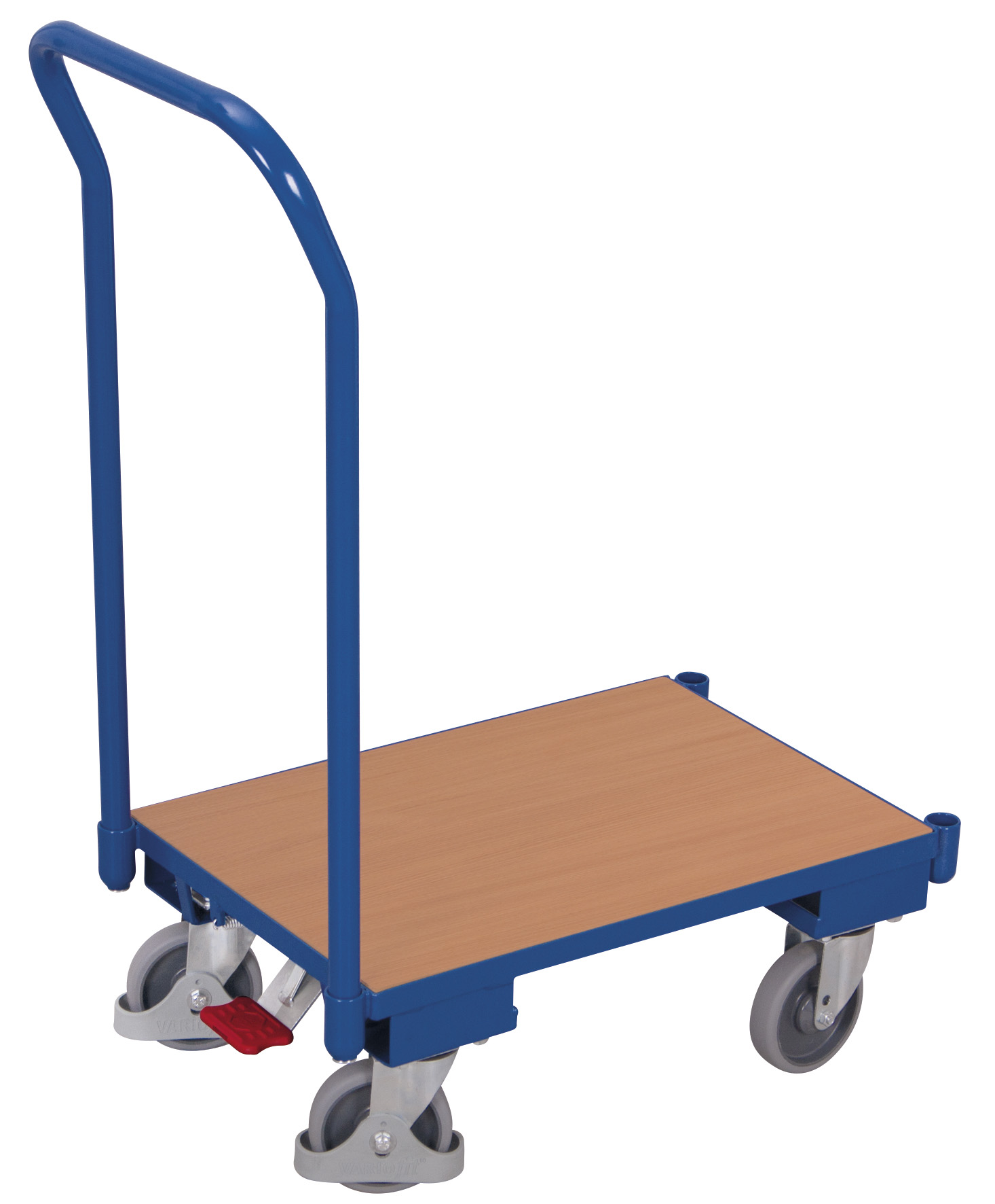 Ergonomischer Plattformroller 740 × 415 mm mit bündigem Holzboden, Eckhülsen und Schiebebügel, 250 kg Traglast, RAL 5010, ideal für Lager & Kommissionierung Ergonomischer Plattformroller 740 × 415 mm mit bündigem Holzboden, Eckhülsen und Schiebebügel, 250 kg Traglast, RAL 5010, ideal für Lager & Kommissionierung