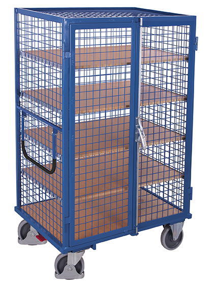 Robuster fest verschweißter Etagenwagen mit abschließbarer Doppelflügeltür, 1115×810×1810 mm, 500 kg Traglast, RAL 5010 Robuster fest verschweißter Etagenwagen mit abschließbarer Doppelflügeltür, 1315×910×1810 mm, 500 kg Traglast, RAL 5010
