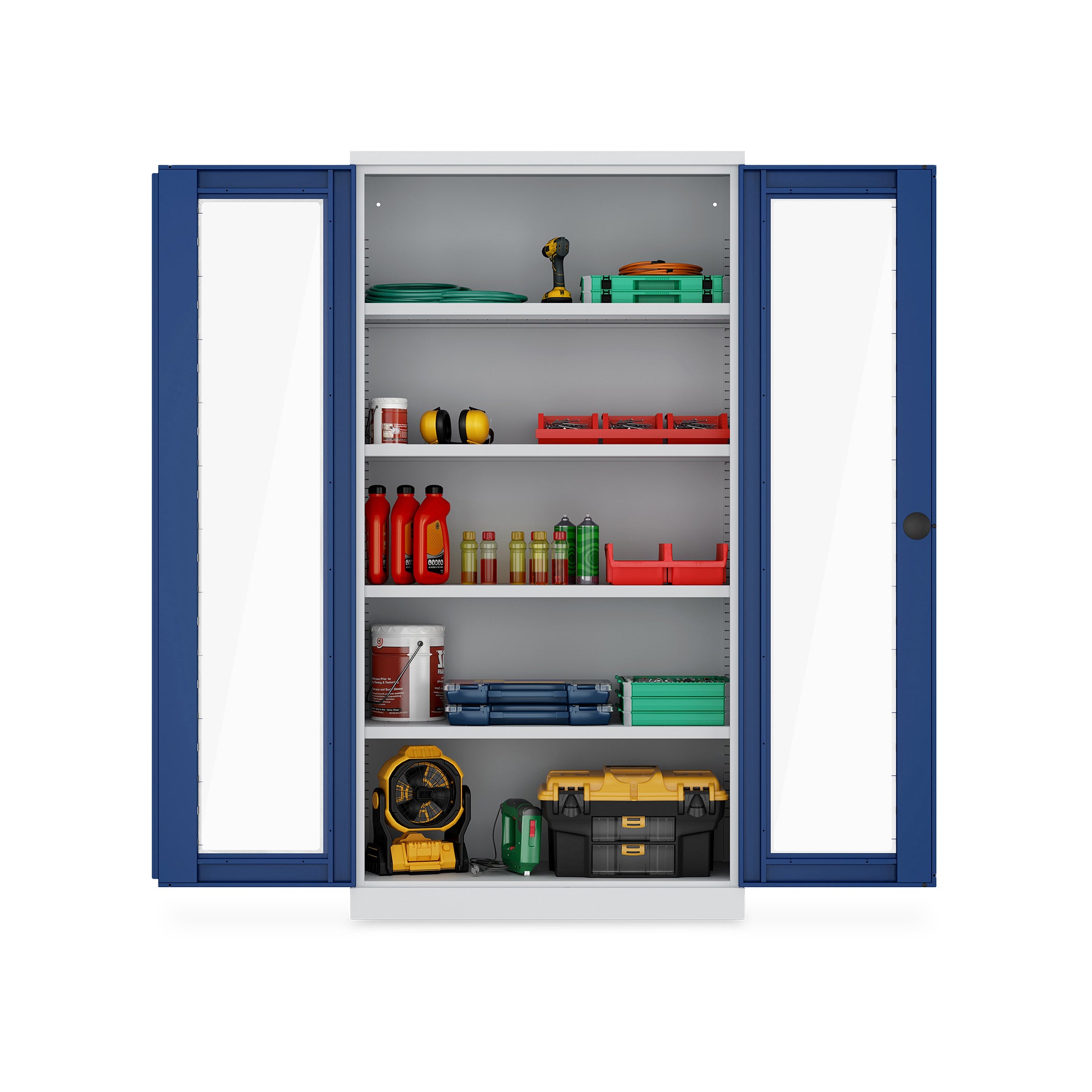 Werkstattschrank mit Acrylglasfenstern 1000 × 500 × 1950 mm – 4 Fachböden, Farbe lichtgrau / enzianblau