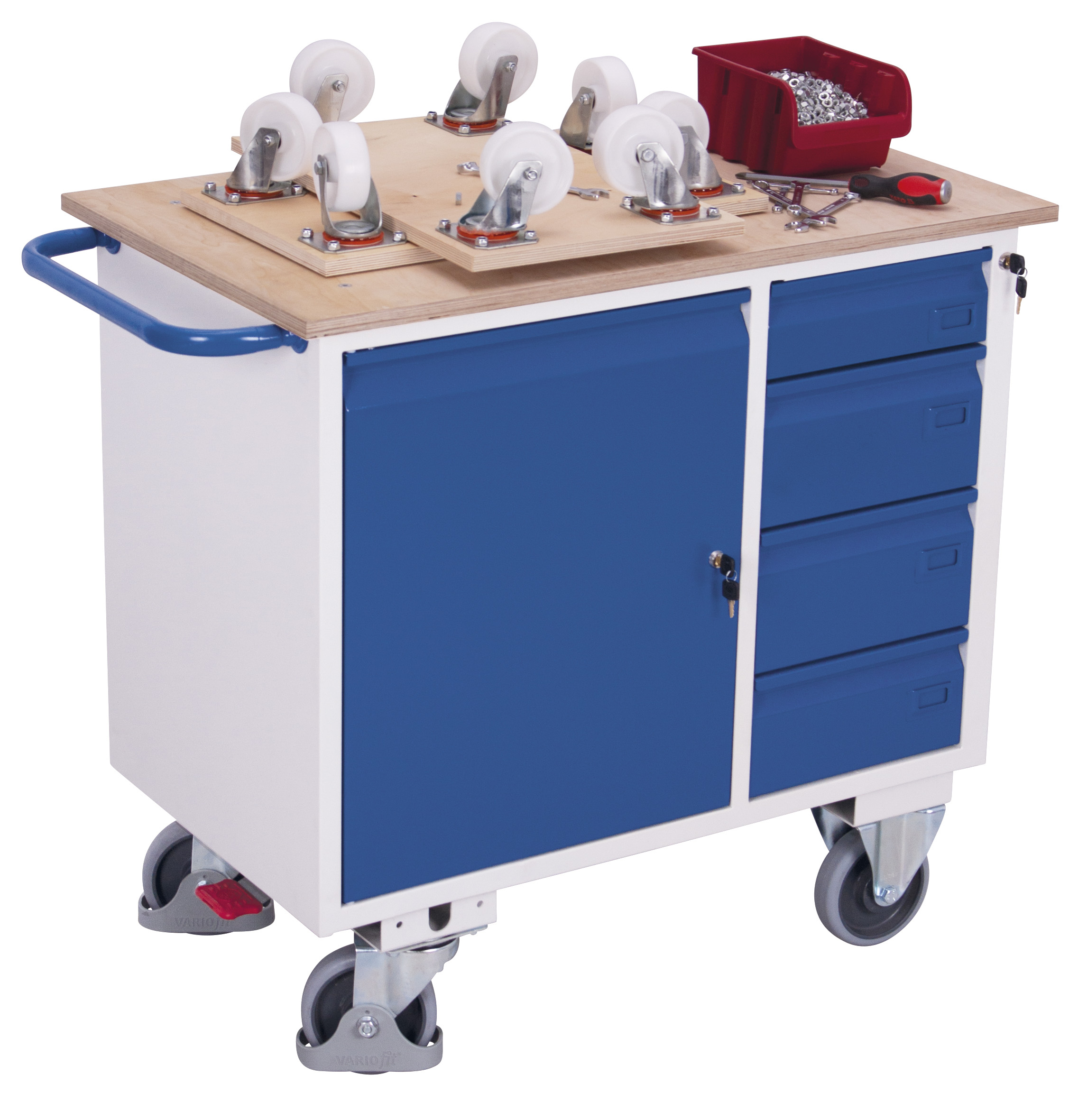 Stabiler Werkstattwagen mit 4 Schubladen und Flügeltürschrank, 400 kg Traglast, RAL 5010, 1110 × 600 mm