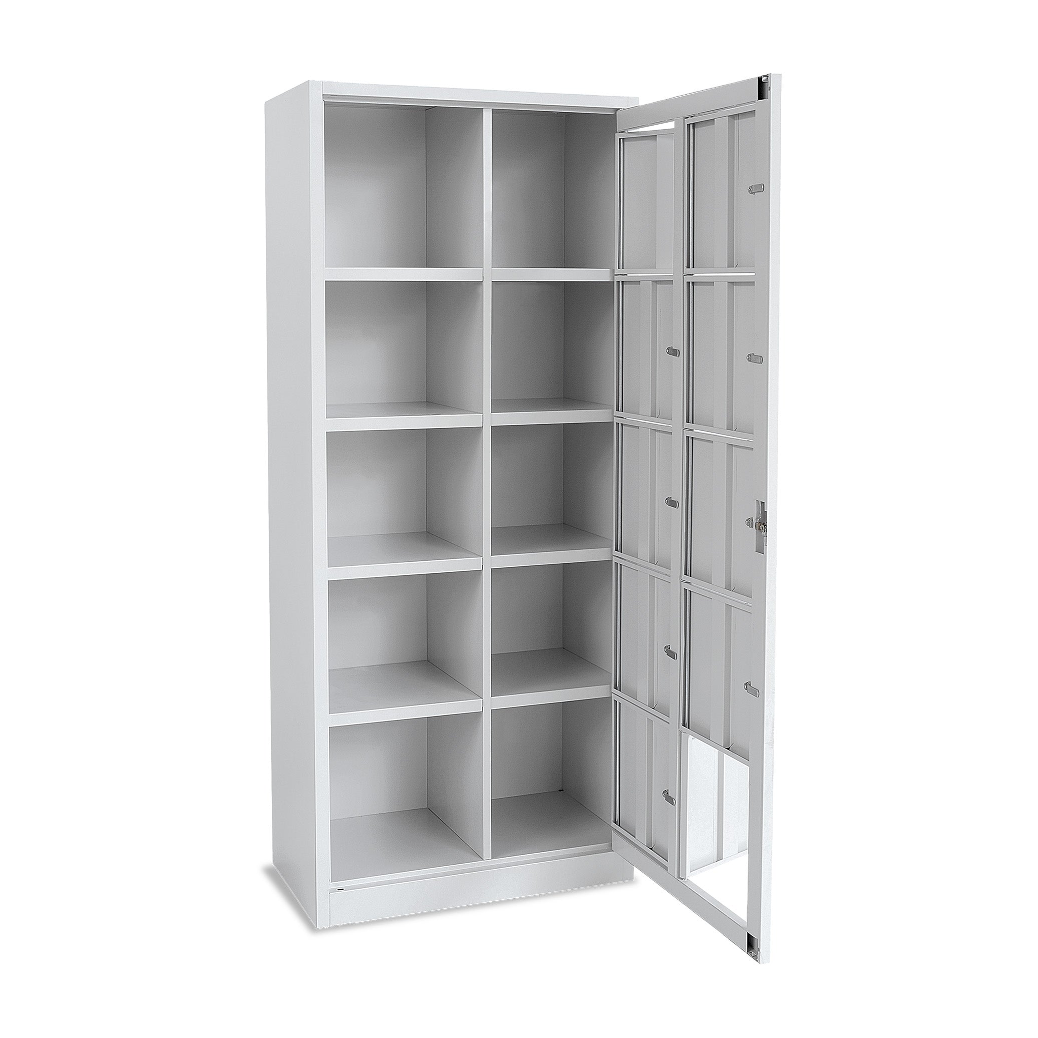 Verteilerschrank mit 2 Abteilen und 10 Fächern – Lichtgrau, abschließbar – Robust, sicher & übersichtlich