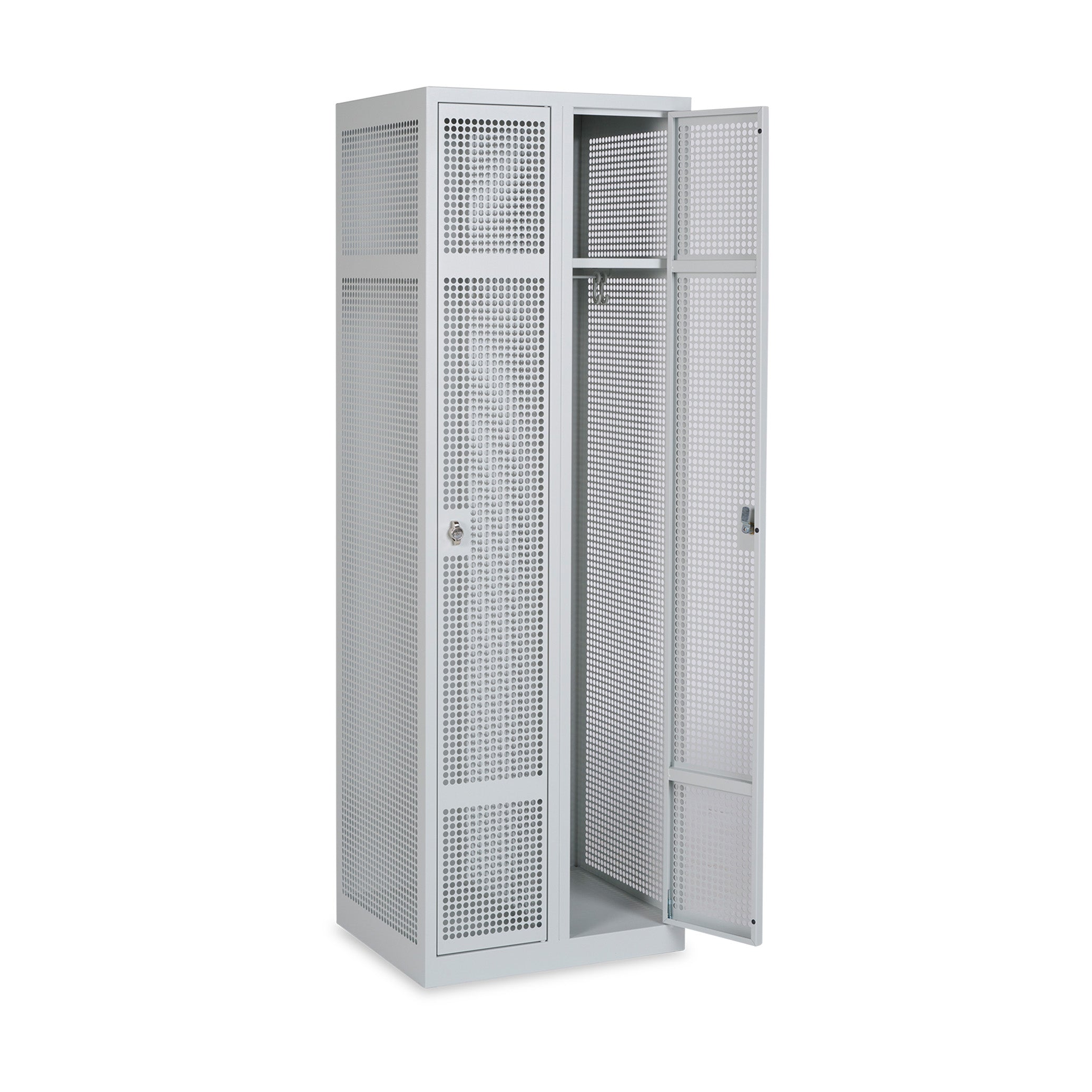 Belüfteter Lochblechspind, 2 Reihen, 2 Türen, 600 × 500 × 1800 mm, Farbe lichtgrau
