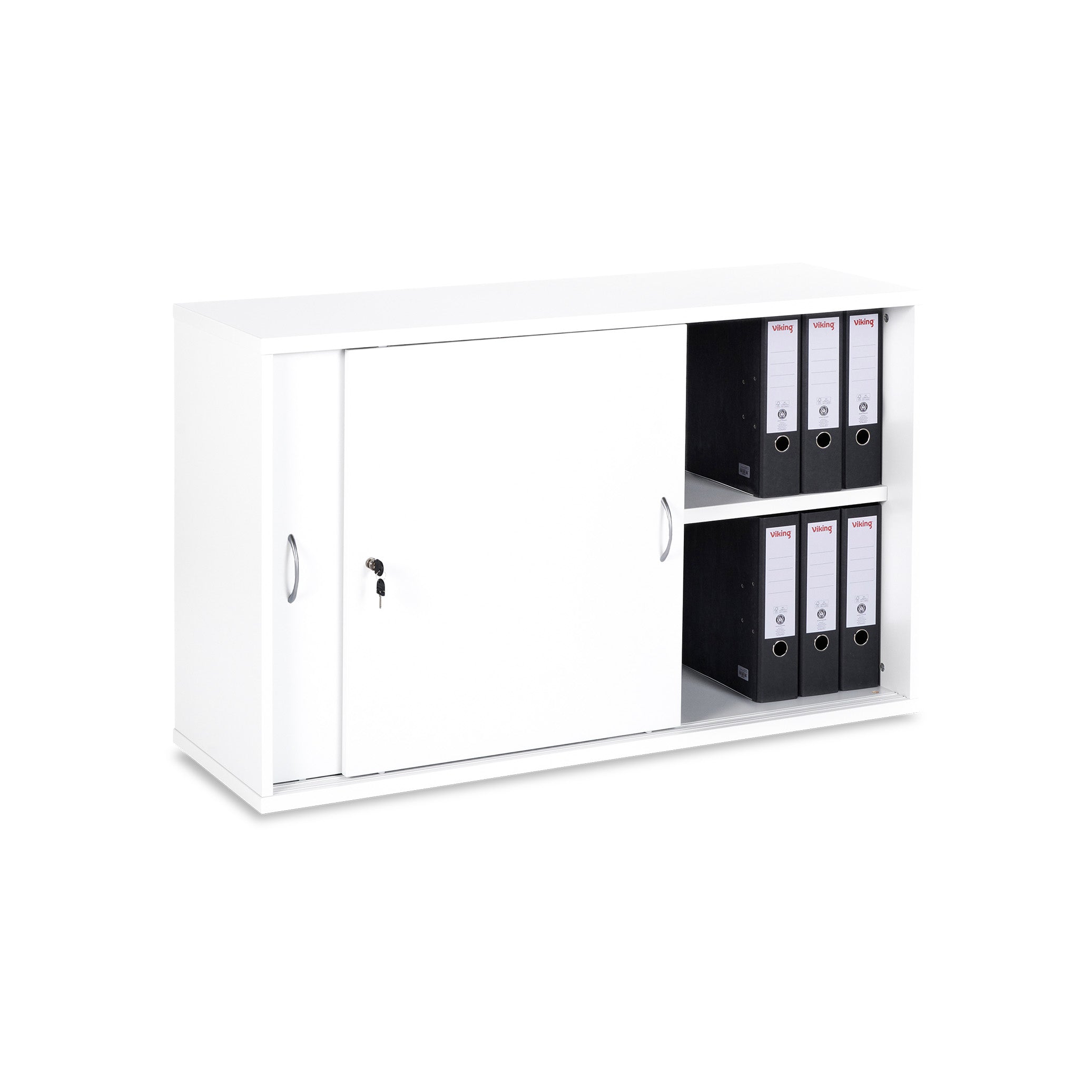 Pflegeleichter Schiebetürenschrank 1200 × 400 × 740 mm, 2 Ordnerhöhen, Farbe Weiß/Weiß Pflegeleichter Schiebetürenschrank 1200 × 400 × 740 mm, 2 Ordnerhöhen, Farbe Weiß/Weiß