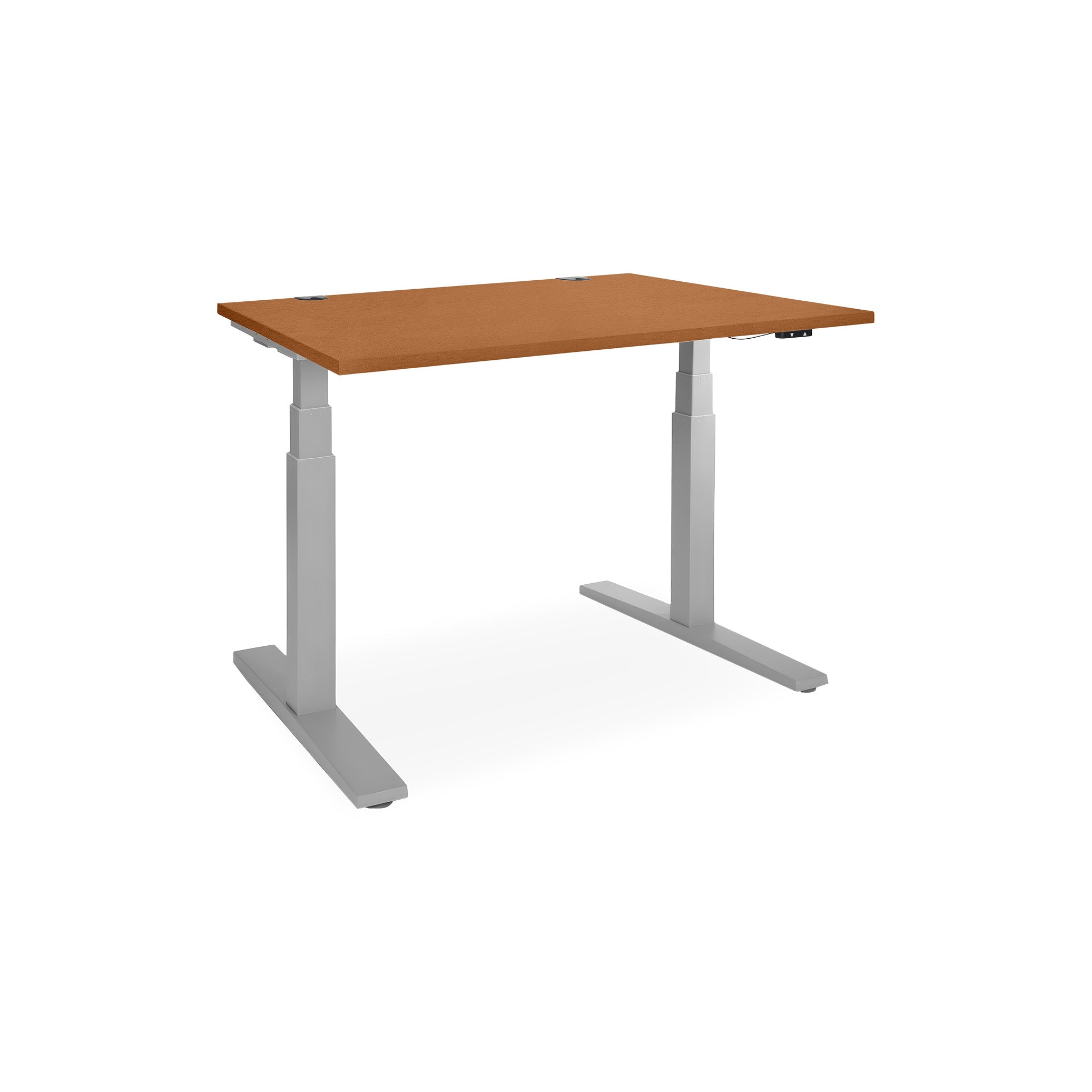 Schreibtisch elektrisch höhenverstellbar 1200 x 800 mm – Höhe 610-1250 mm, Farbe Weißaluminium / Buche