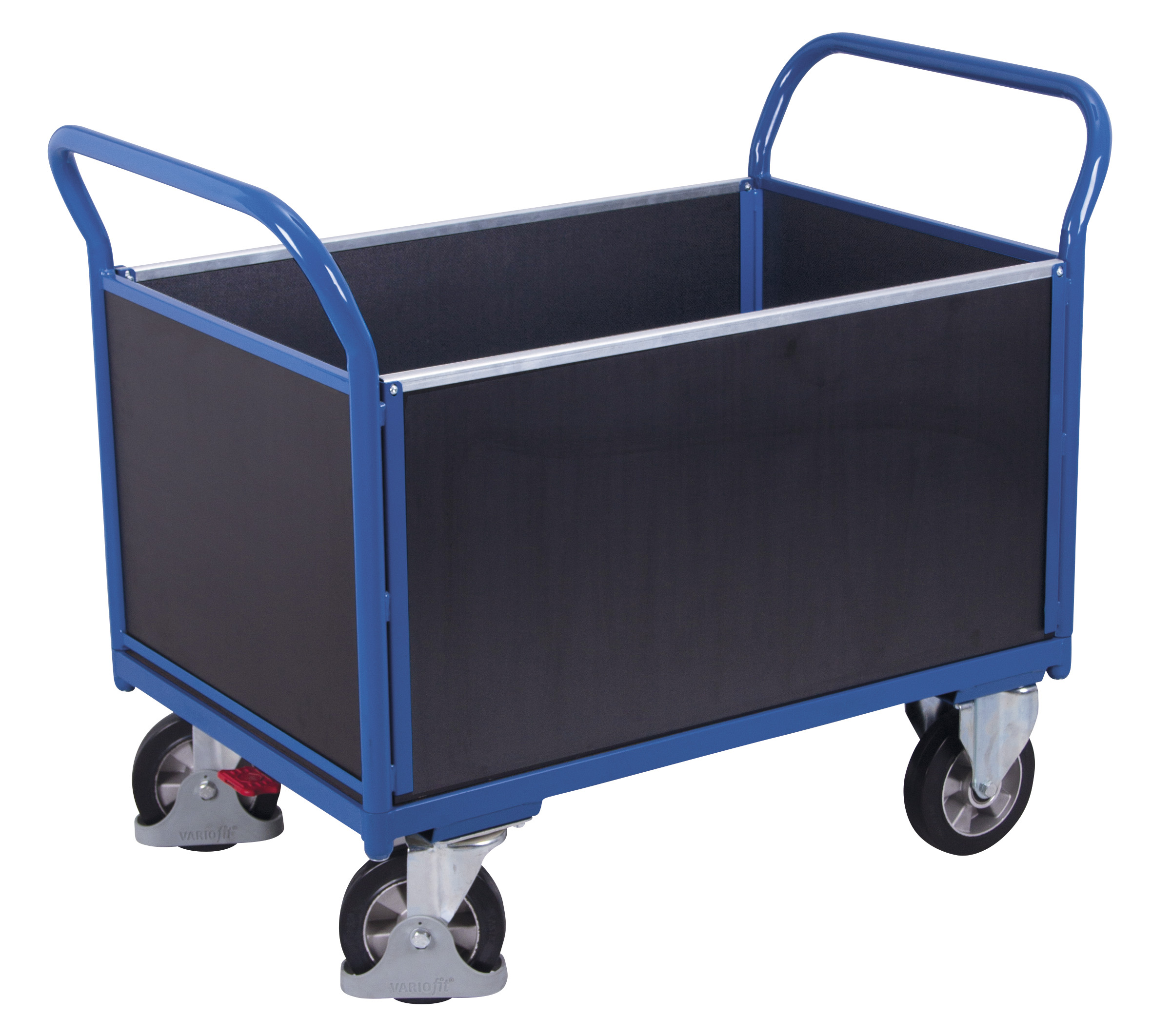 Kompakter Vierwandwagen 1195 × 700 mm mit Siebdruckplatte, 1000 kg Traglast, RAL 5010, ideal für Lager & Werkstatt Großzügiger Vierwandwagen 1795 × 800 mm mit Siebdruckplatte, 1000 kg Traglast, RAL 5010, ideal für Lager & Werkstatt