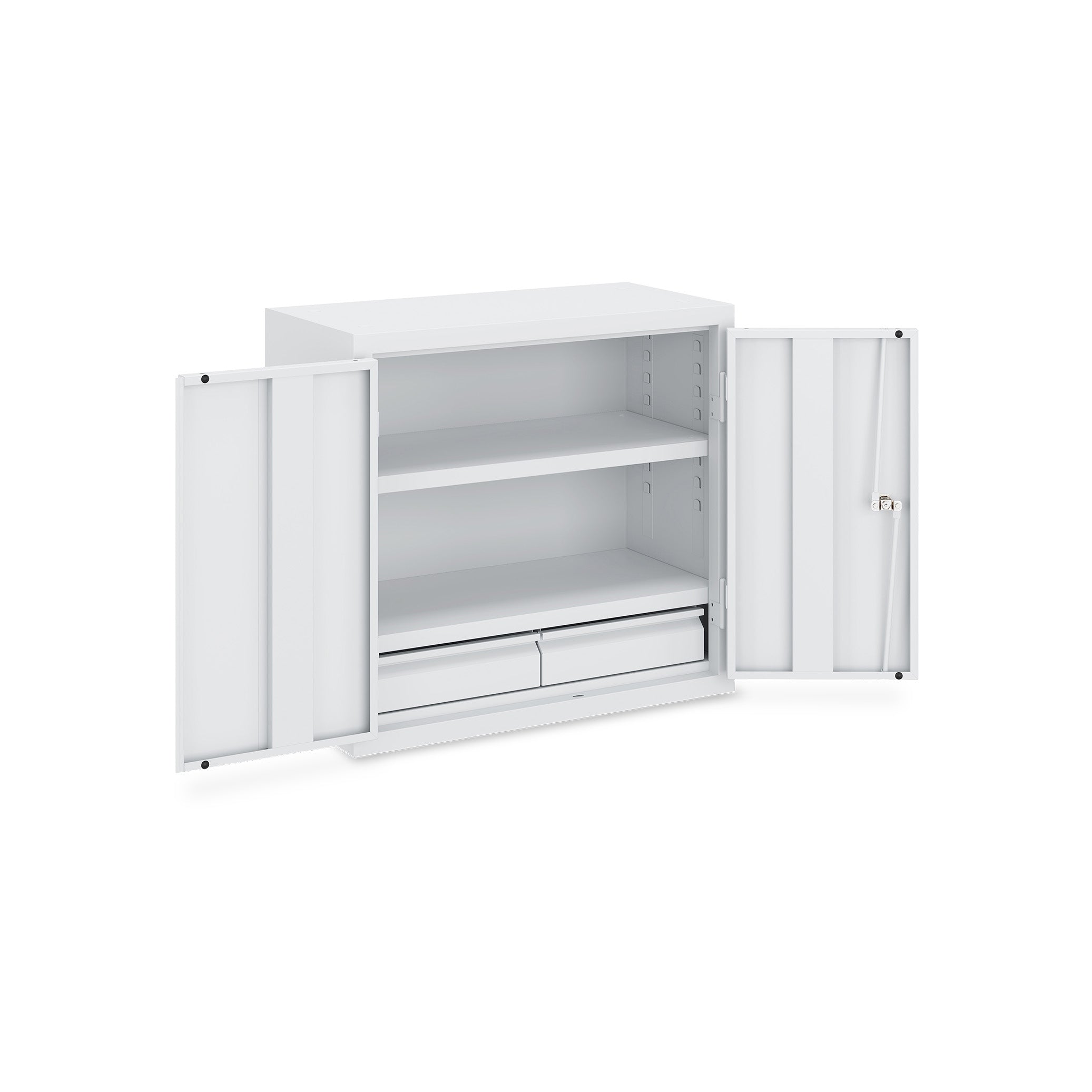Werkstatt-Hängeschrank 650 × 320 × 600 mm – 2 Fachböden, 2 Schubladen, Farbe lichtgrau / enzianblau