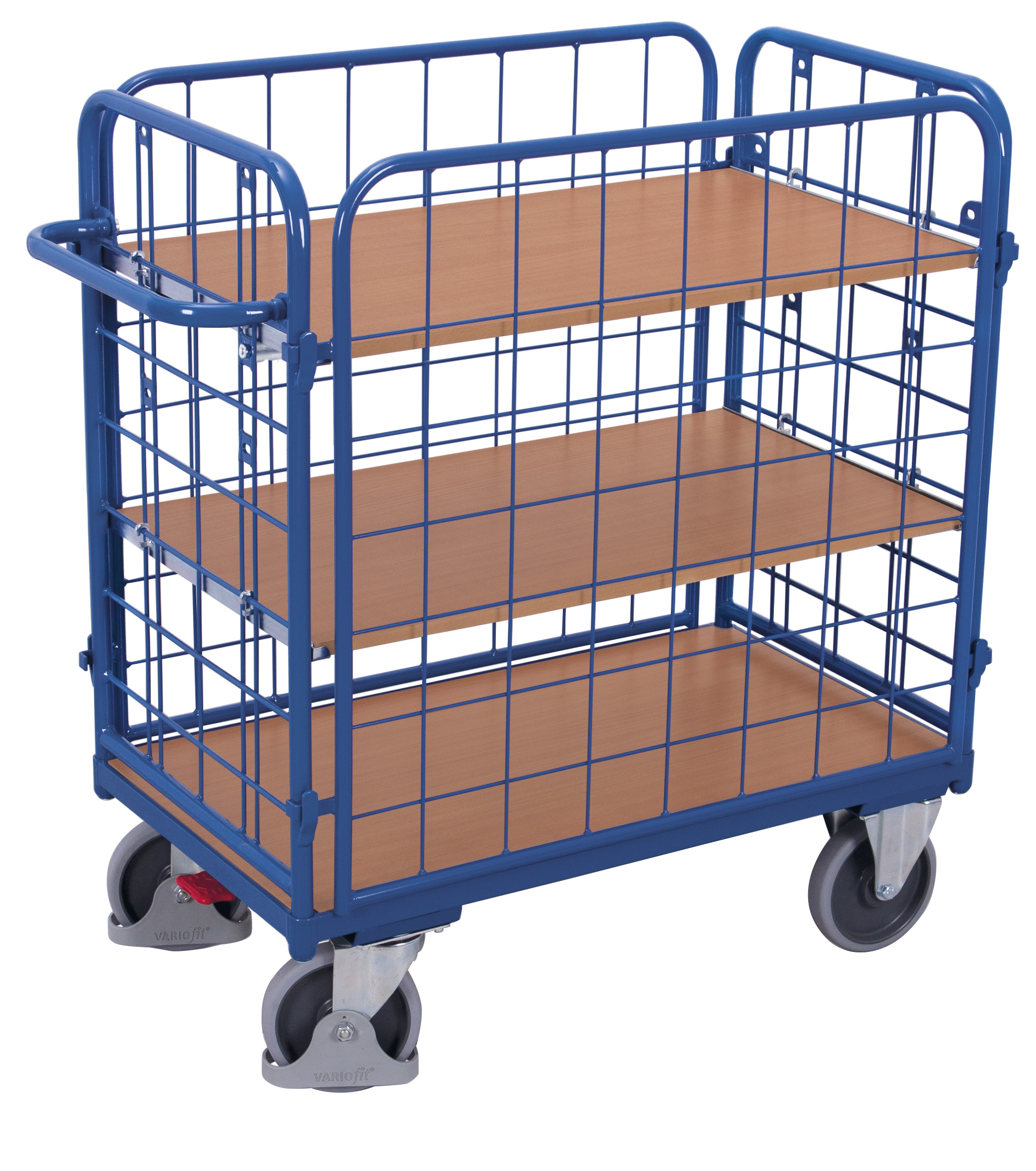 Kompakter Etagenwagen niedrig 1040 × 540 × 1180 mm mit Gitterwänden, Holzladeflächen, 400 kg Traglast, RAL 5010, ideal für Lager & Werkstatt XXL-Etagenwagen niedrig 1390 × 840 × 1220 mm mit Gitterwänden, Holzladeflächen, 500 kg Traglast, RAL 5010, ideal für Lager & Werkstatt