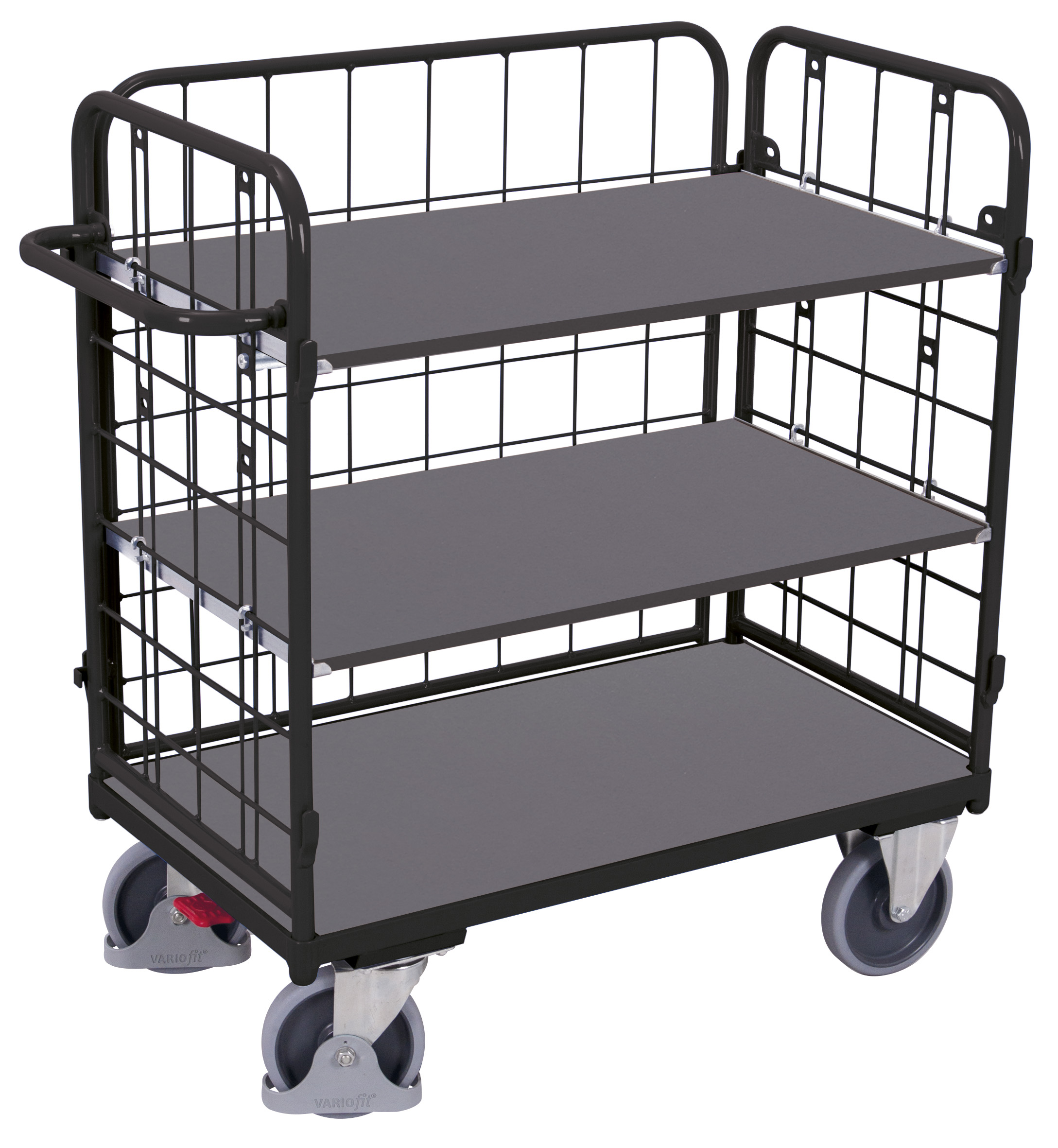 Breiter Etagenwagen niedrig 1190 × 725 × 1220 mm mit Gitterwand, Holzladeflächen, 500 kg Traglast, RAL 7016, ideal für Lager & Werkstatt Funktionaler Etagenwagen niedrig 1190 × 625 × 1220 mm mit Gitterwand, Holzladeflächen, 500 kg Traglast, RAL 7016, ideal für Lager & Werkstatt