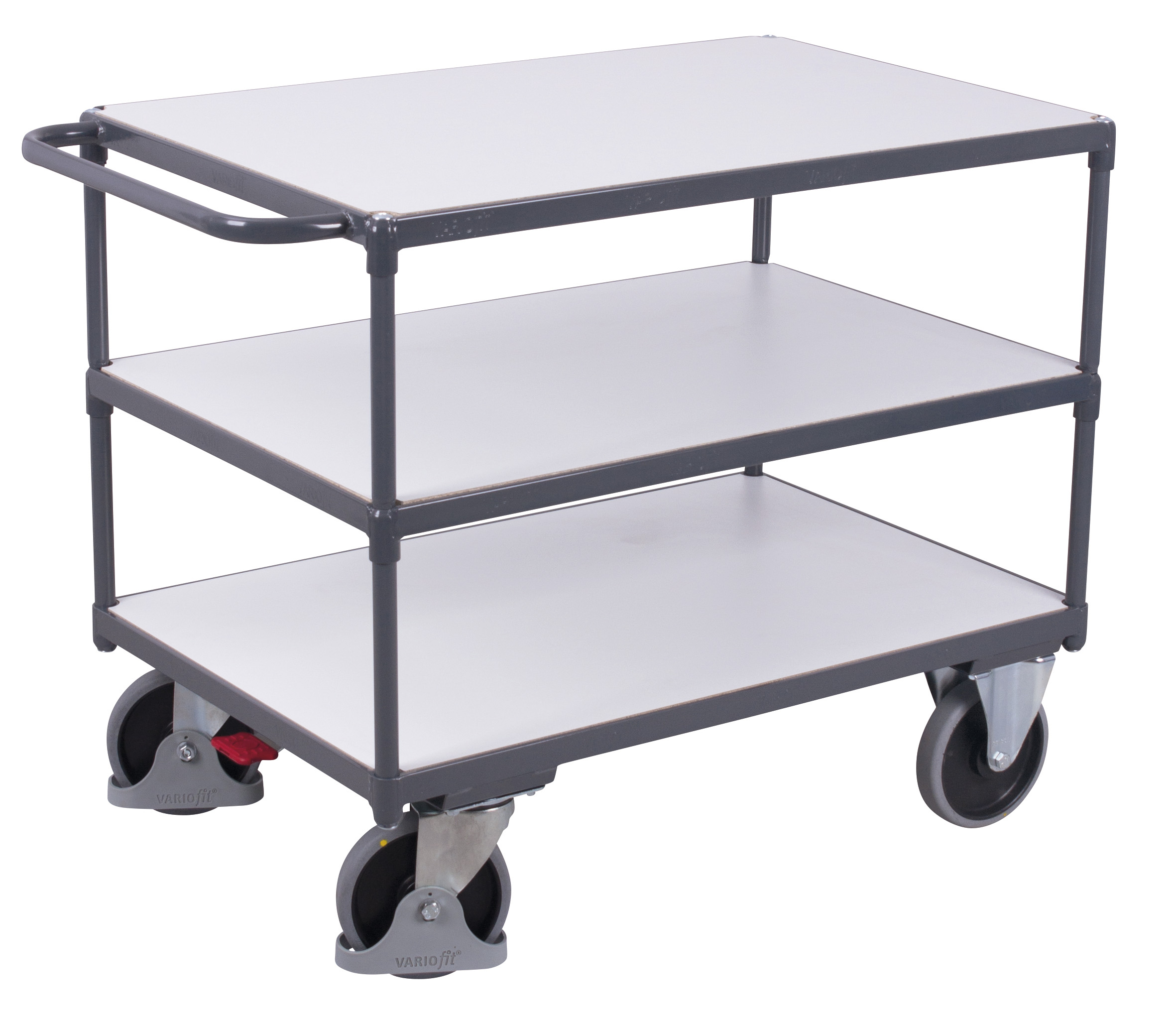 Stabiler ESD Tischwagen 400 kg mit 3 Ladeflächen, RAL 7024, 1040 × 500 mm Geräumiger ESD Tischwagen 500 kg mit 3 Ladeflächen, RAL 7024, 1390 × 800 mm