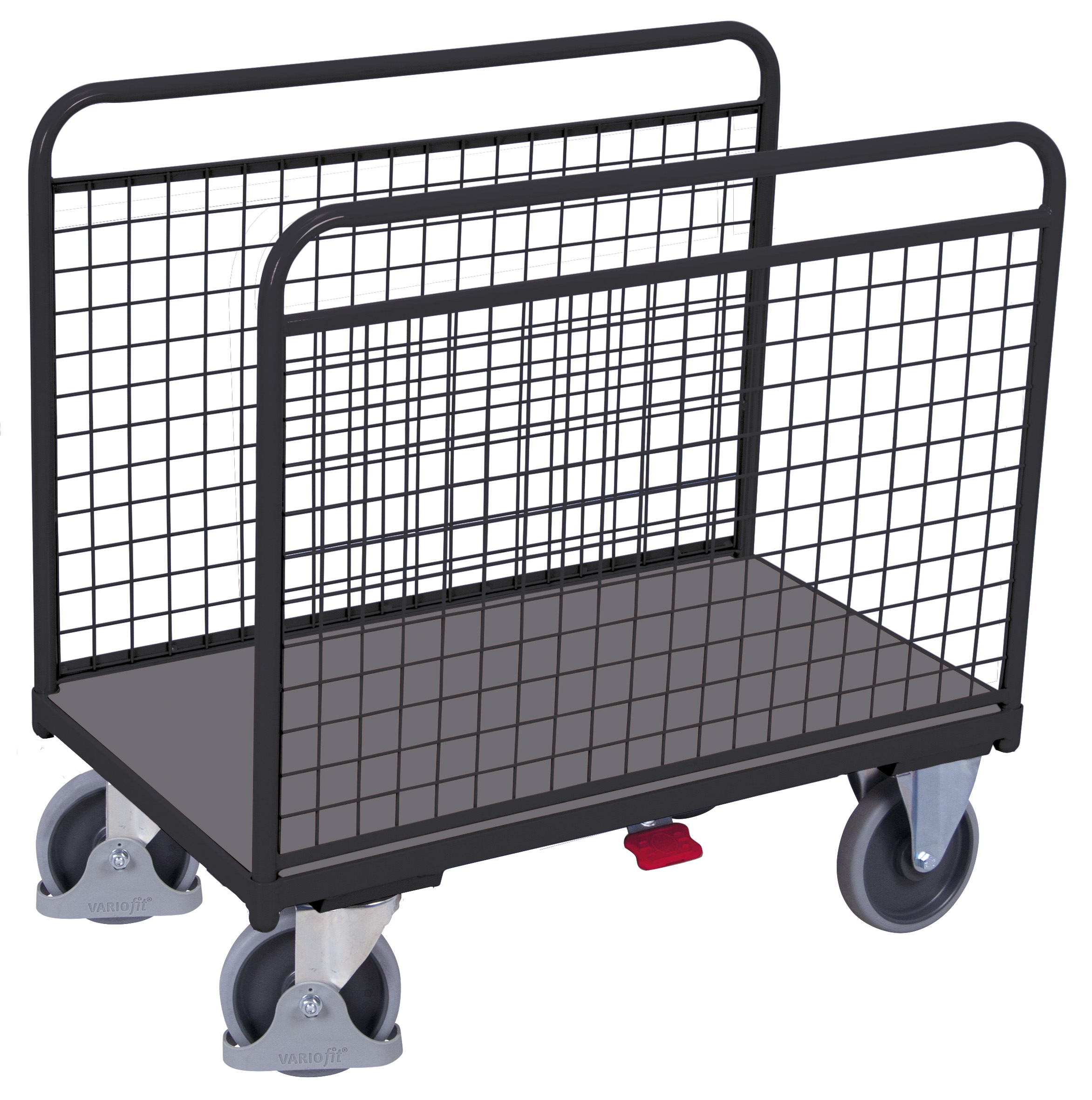 Breiter Seitenbügelwagen 1060 × 700 mm mit Drahtwänden, 500 kg Traglast, RAL 7016, ideal für Lager & Werkstatt Robuster Seitenbügelwagen 1060 × 600 mm mit Drahtwänden, 500 kg Traglast, RAL 7016, ideal für Lager & Werkstatt
