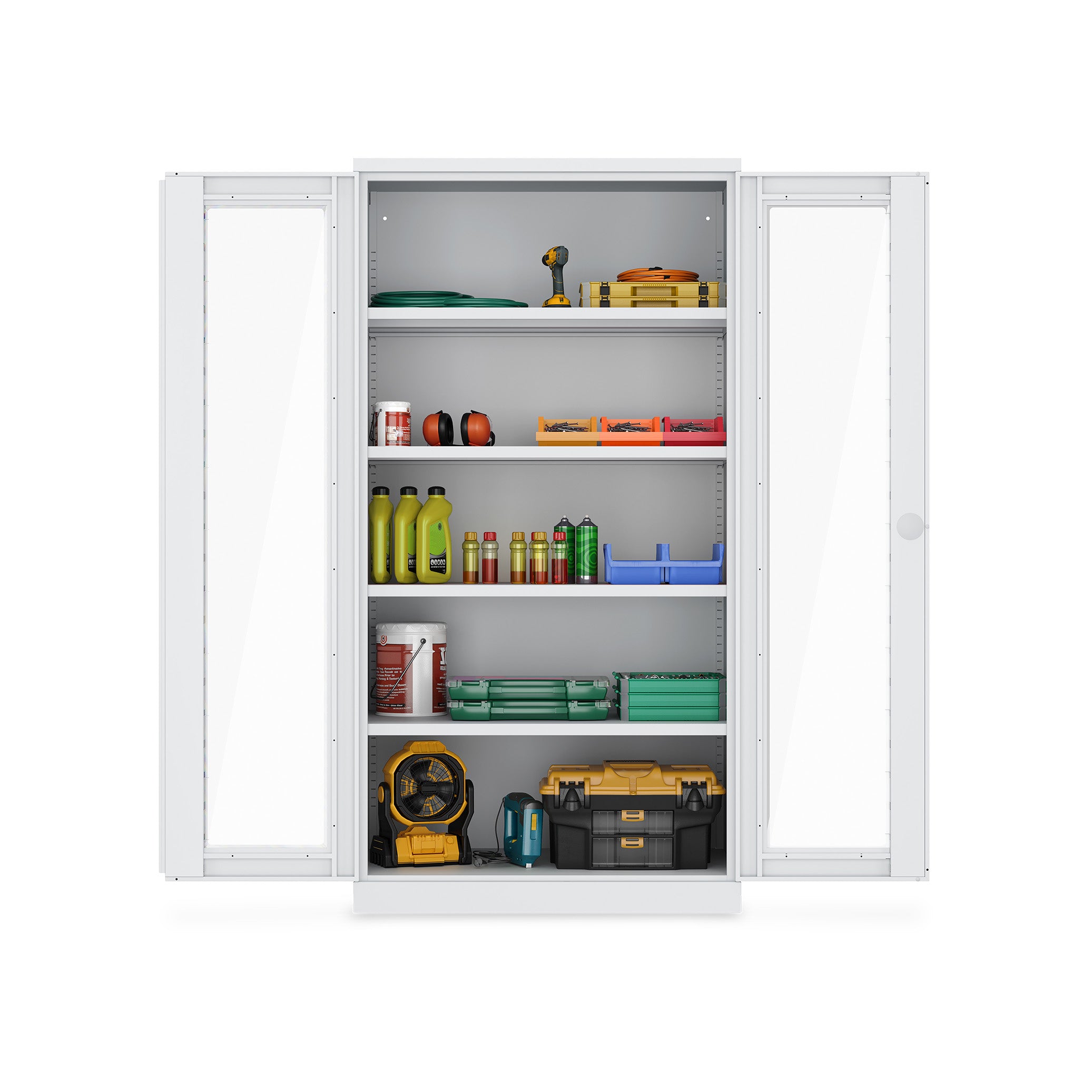 Werkstattschrank mit Acrylglasfenstern 1000 × 660 × 1950 mm – 4 Fachböden, Farbe lichtgrau