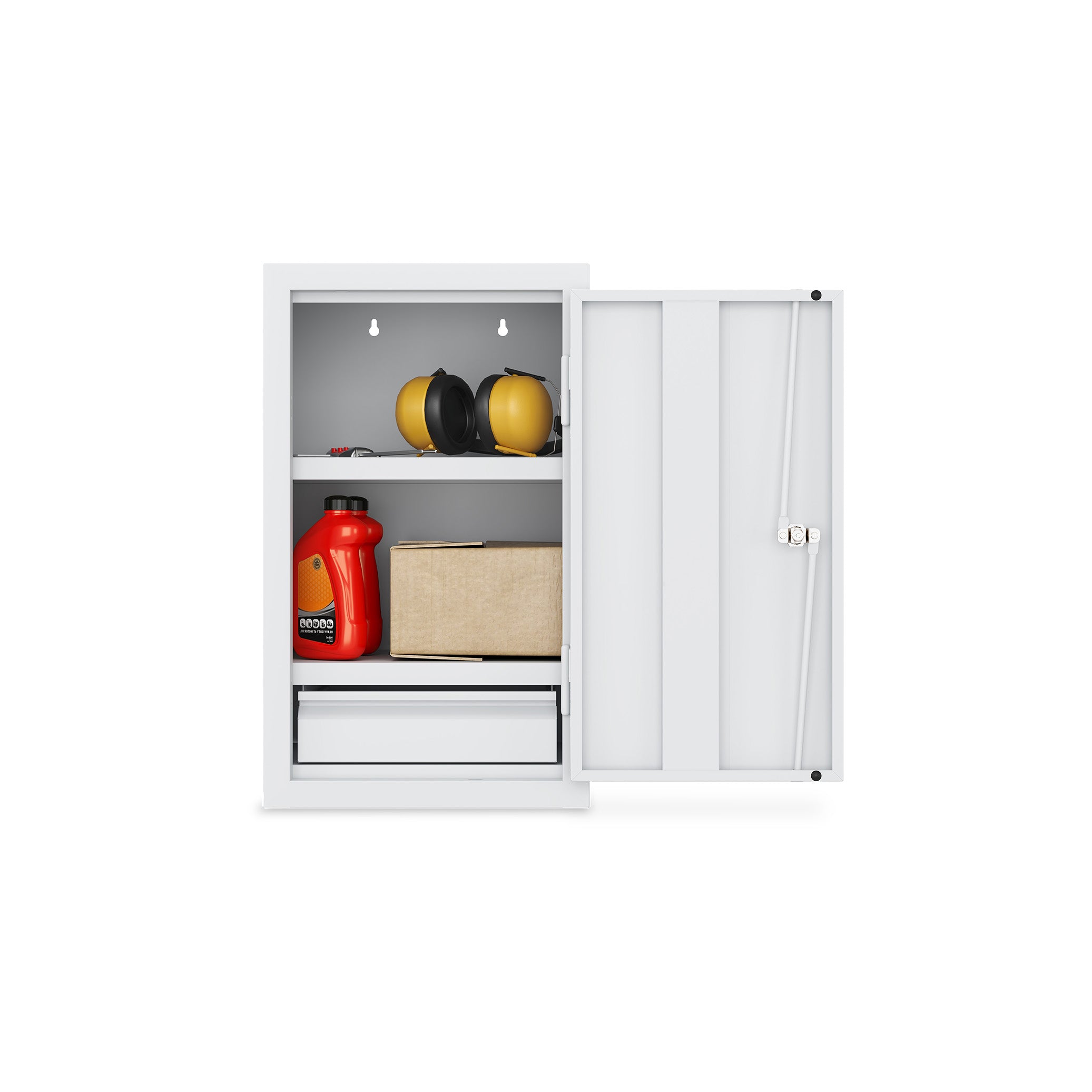 Werkstatt-Hängeschrank 350 × 320 × 600 mm – 1 Fachboden, 2 Schubladen, Farbe lichtgrau