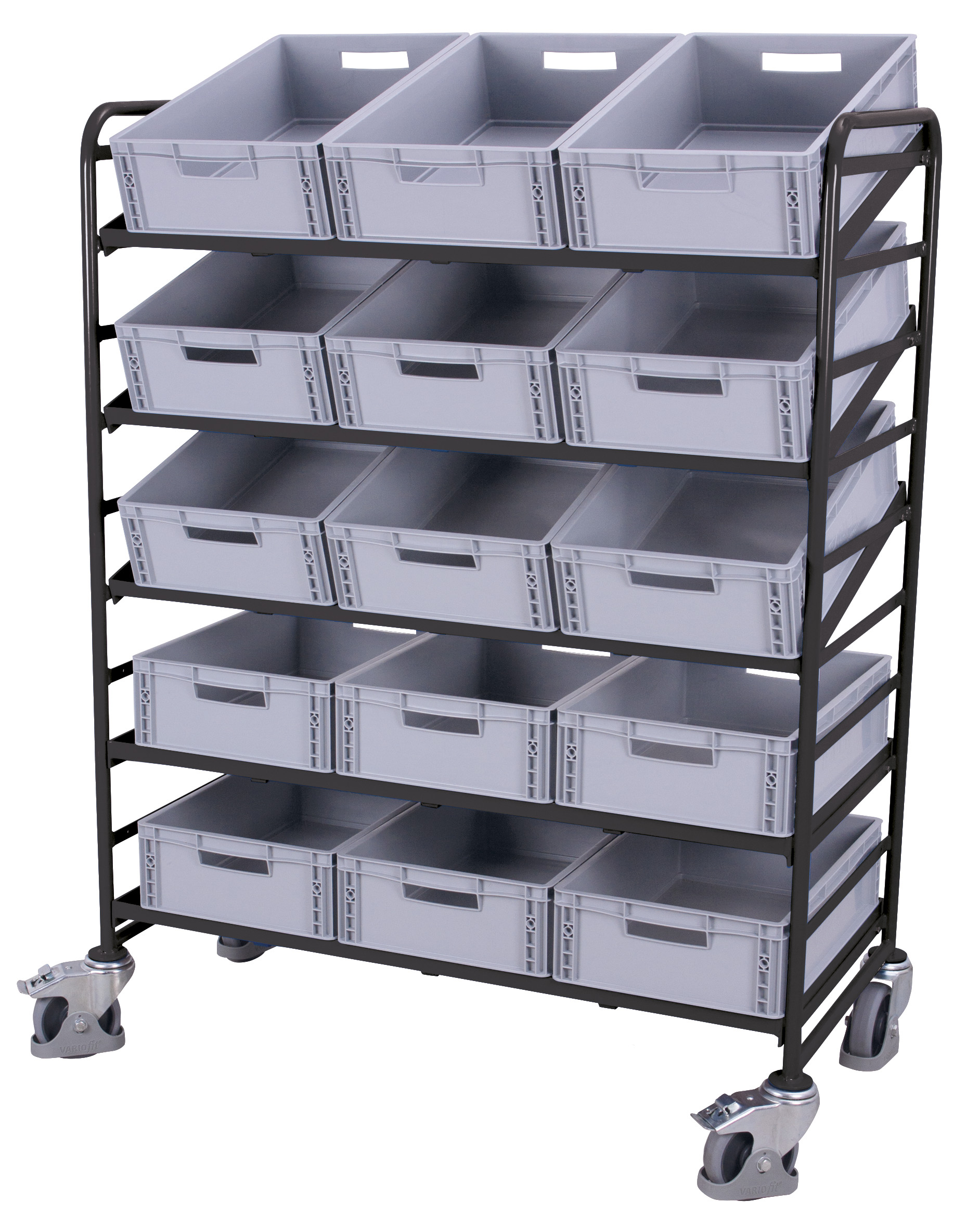 Großformatiger Eurokastenwagen mit 15 Kisten 1350 × 665 × 1785 mm, RAL 7016, 250 kg Traglast Großformatiger Eurokastenwagen mit 15 Kisten 1350 × 665 × 1785 mm, RAL 7016, 250 kg Traglast