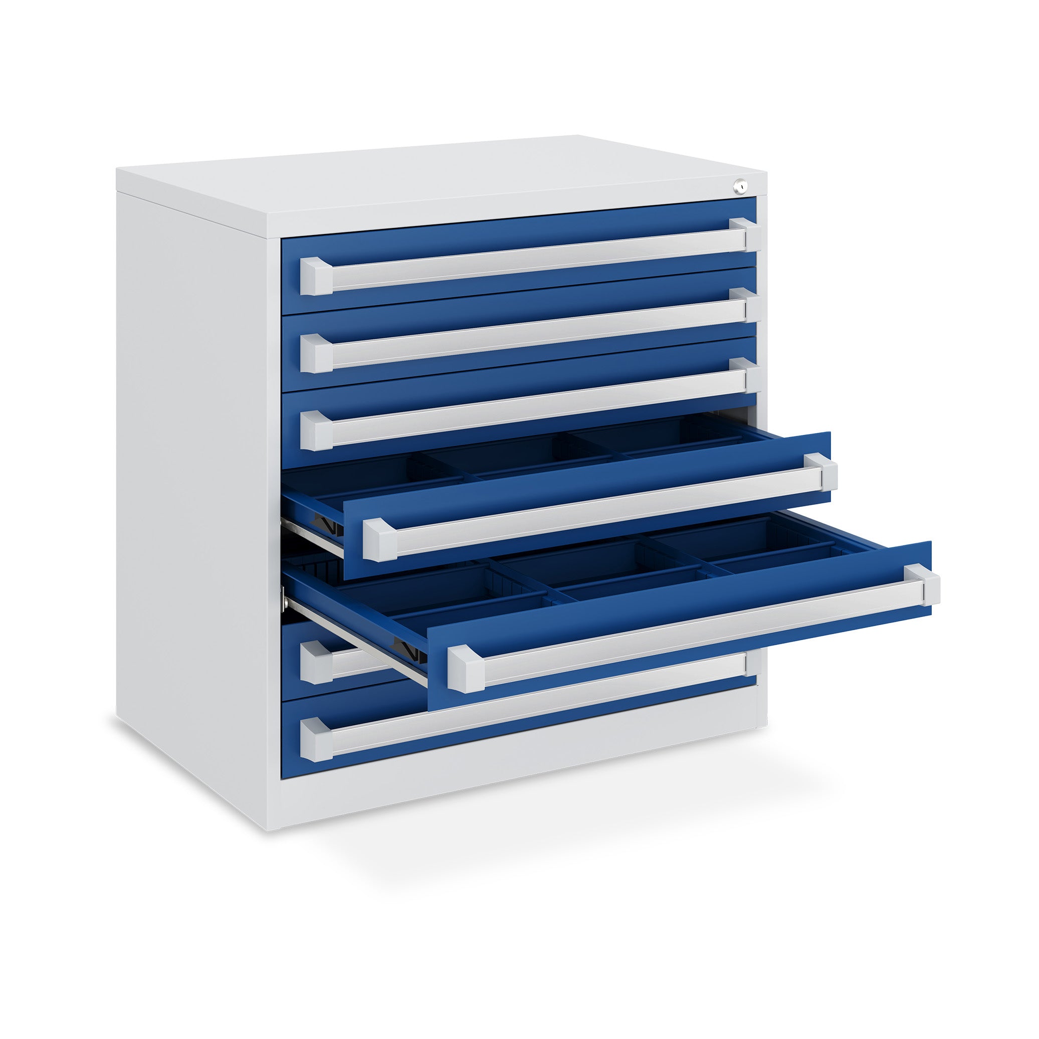 Kompakter Schubladenschrank 800 × 525 × 800 mm – 7 Schubladen à 100 mm, Farbe lichtgrau / enzianblau