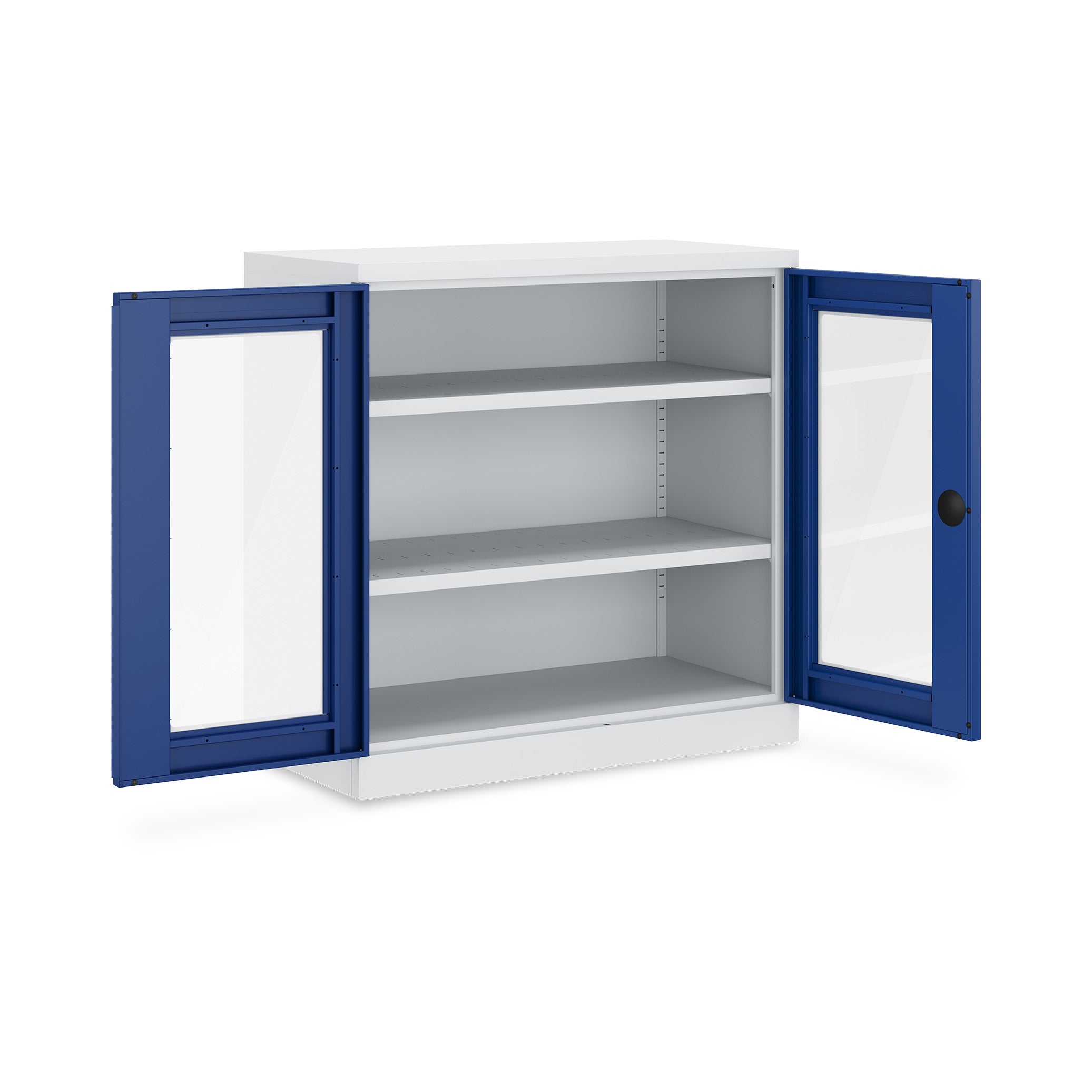 Kompakter Werkstattschrank mit Acrylglasfenster 1000 × 660 × 1000 mm, Farbe lichtgrau / enzianblau, 2 Fachböden