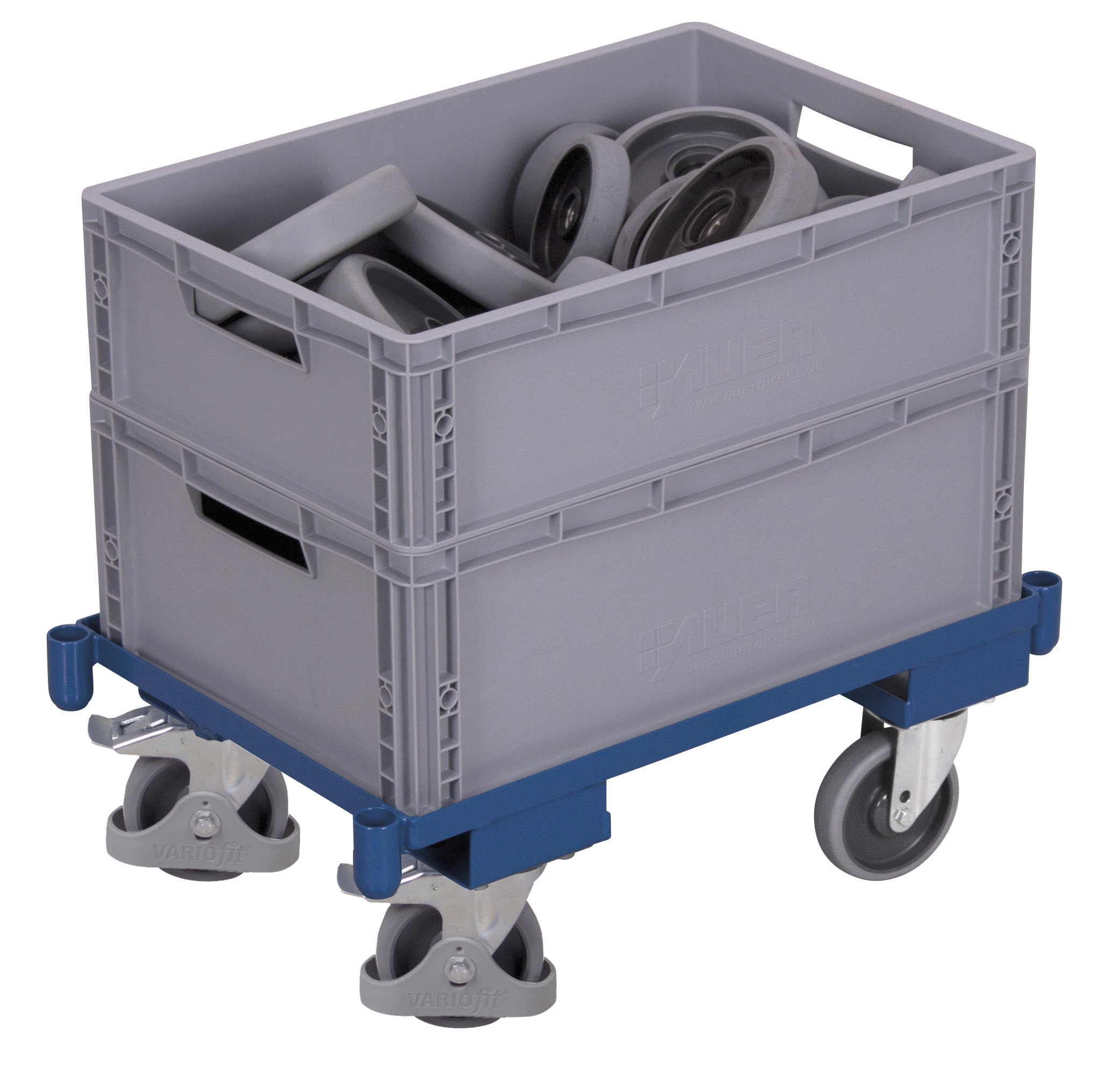 Kompakter Plattformroller 675 × 415 mm mit Eckhülsen für Eurokisten, 250 kg Traglast, RAL 5010, ideal für Lager & Logistik
