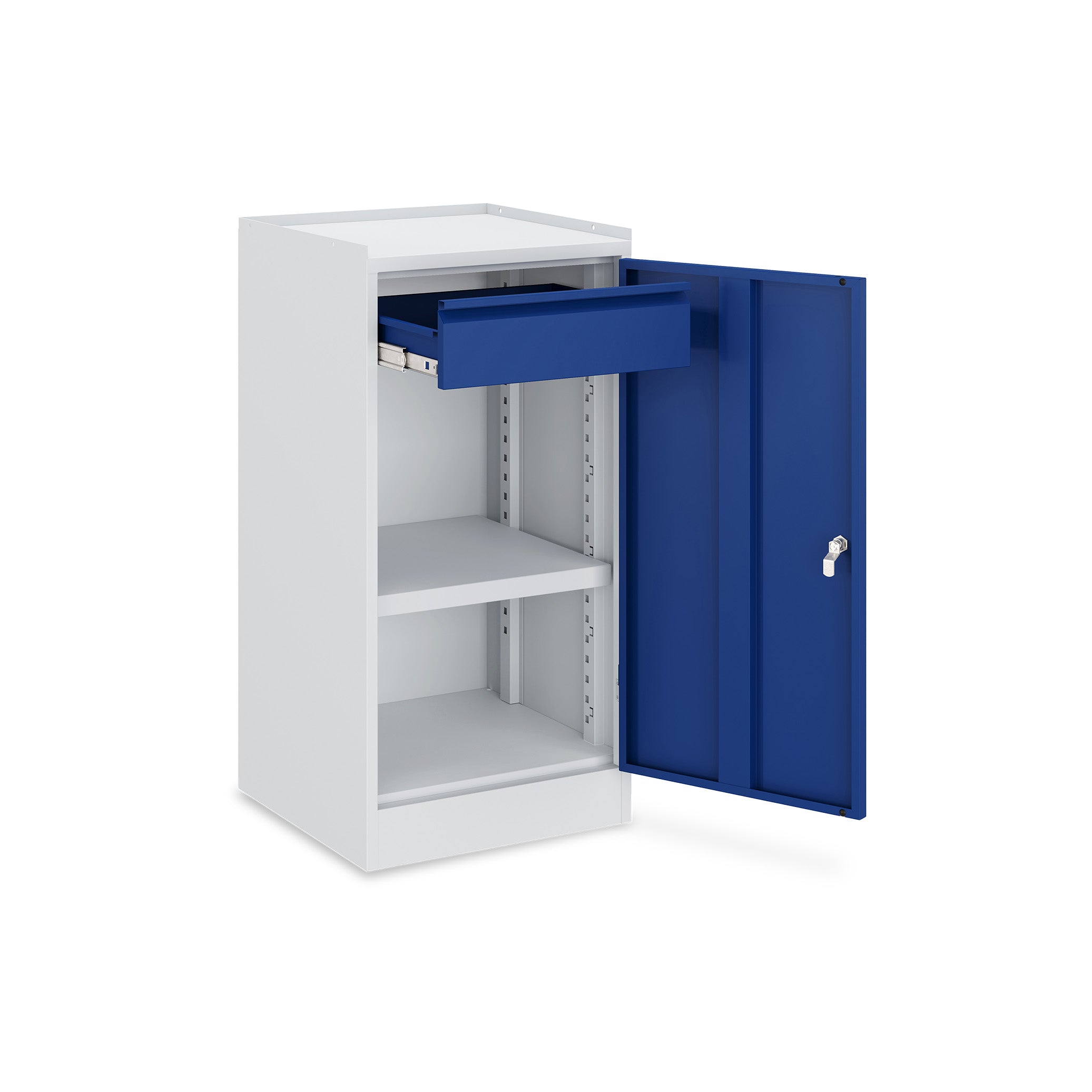 Kompakter Werkzeugschrank 500 × 500 × 1000 mm – 1 Tür, 1 Fachboden, 2 Schubladen, Farbe lichtgrau / enzianblau