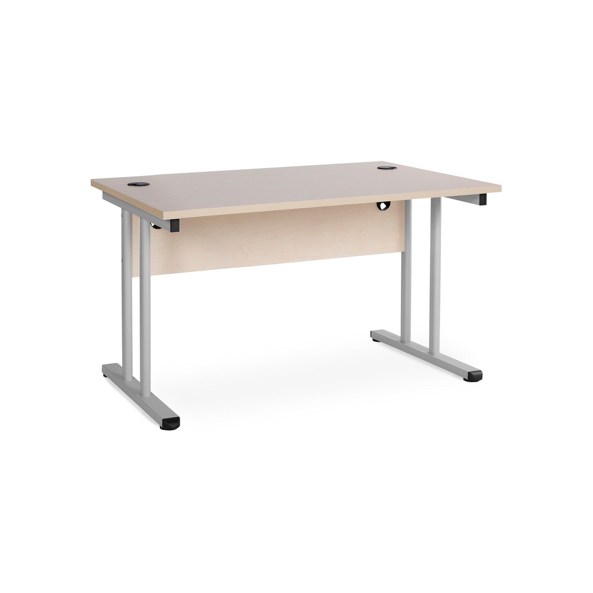 Schreibtisch mit T-Fuß, 1200 x 800 mm, feste Höhe 730 mm, mit Knieraumblende, Farbe weißaluminium / ahorn