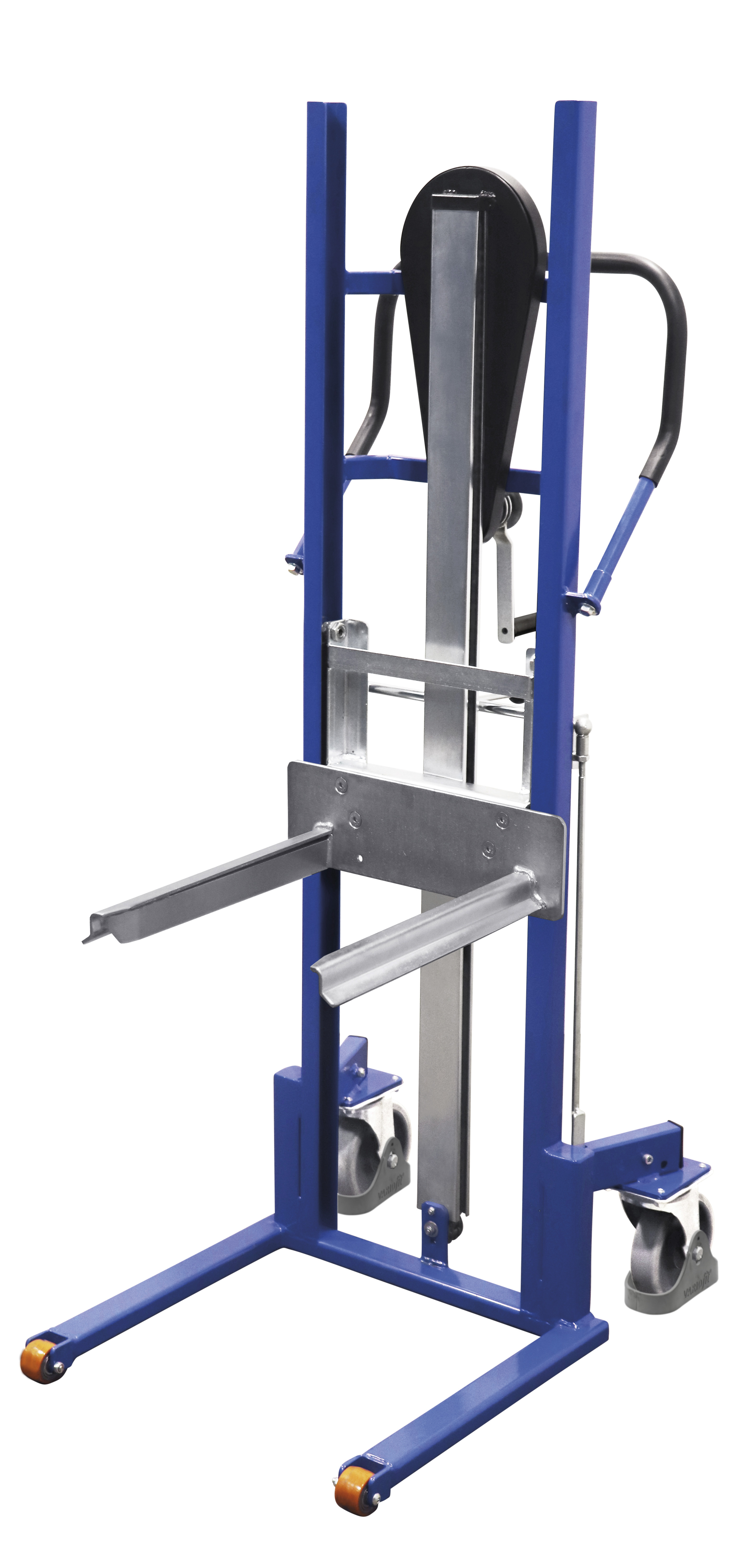 Robuster Materialheber 575 × 845 mm mit Vollgummibereifung und Gabelzinken, 250 kg, RAL 5010, für Werkstatt & Halle