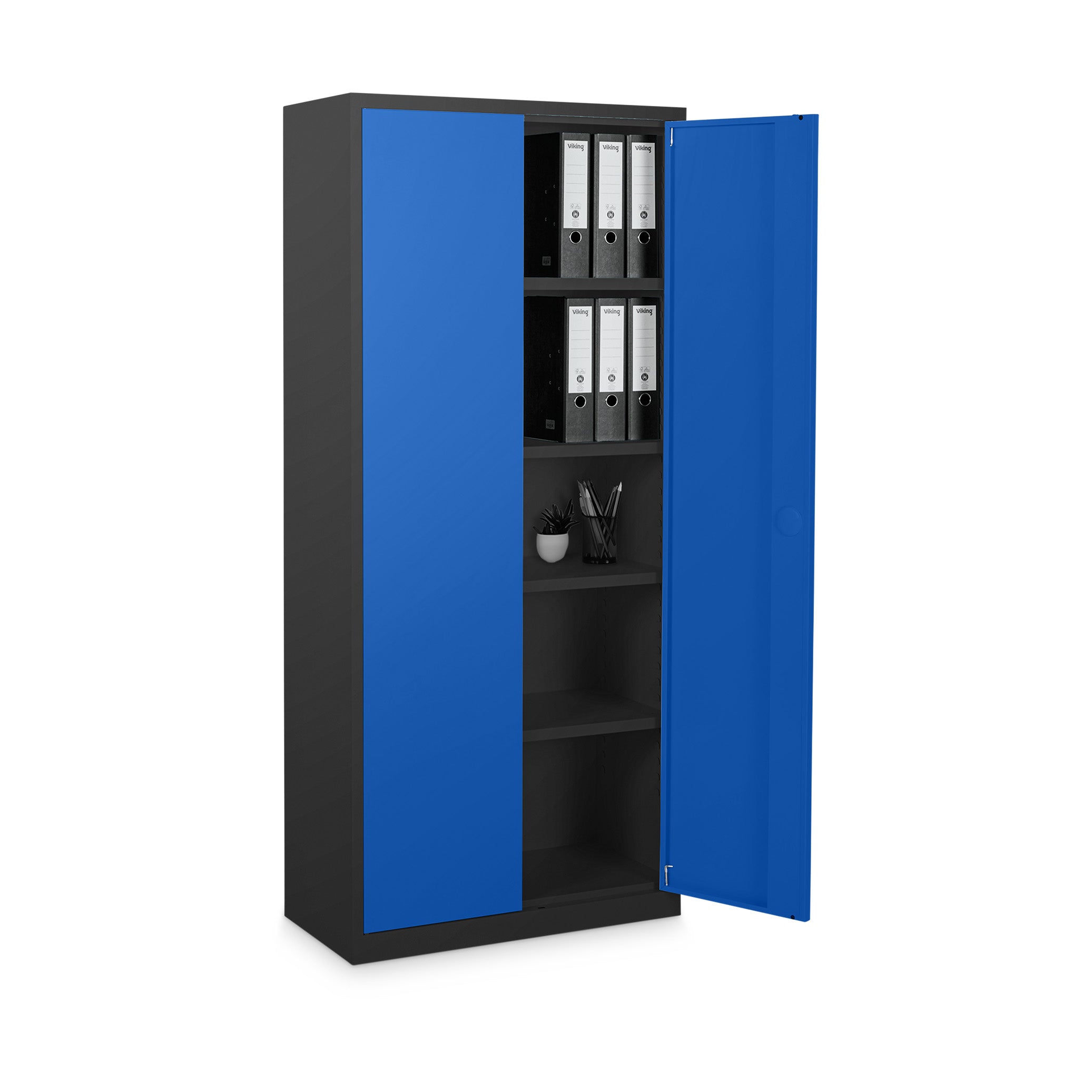 Stahl-Aktenschrank 800 × 380 × 1800 mm (4,5 Ordnerhöhen), Tiefschwarz / Enzianblau – robuster Stahlschrank für sichere Aktenaufbewahrung