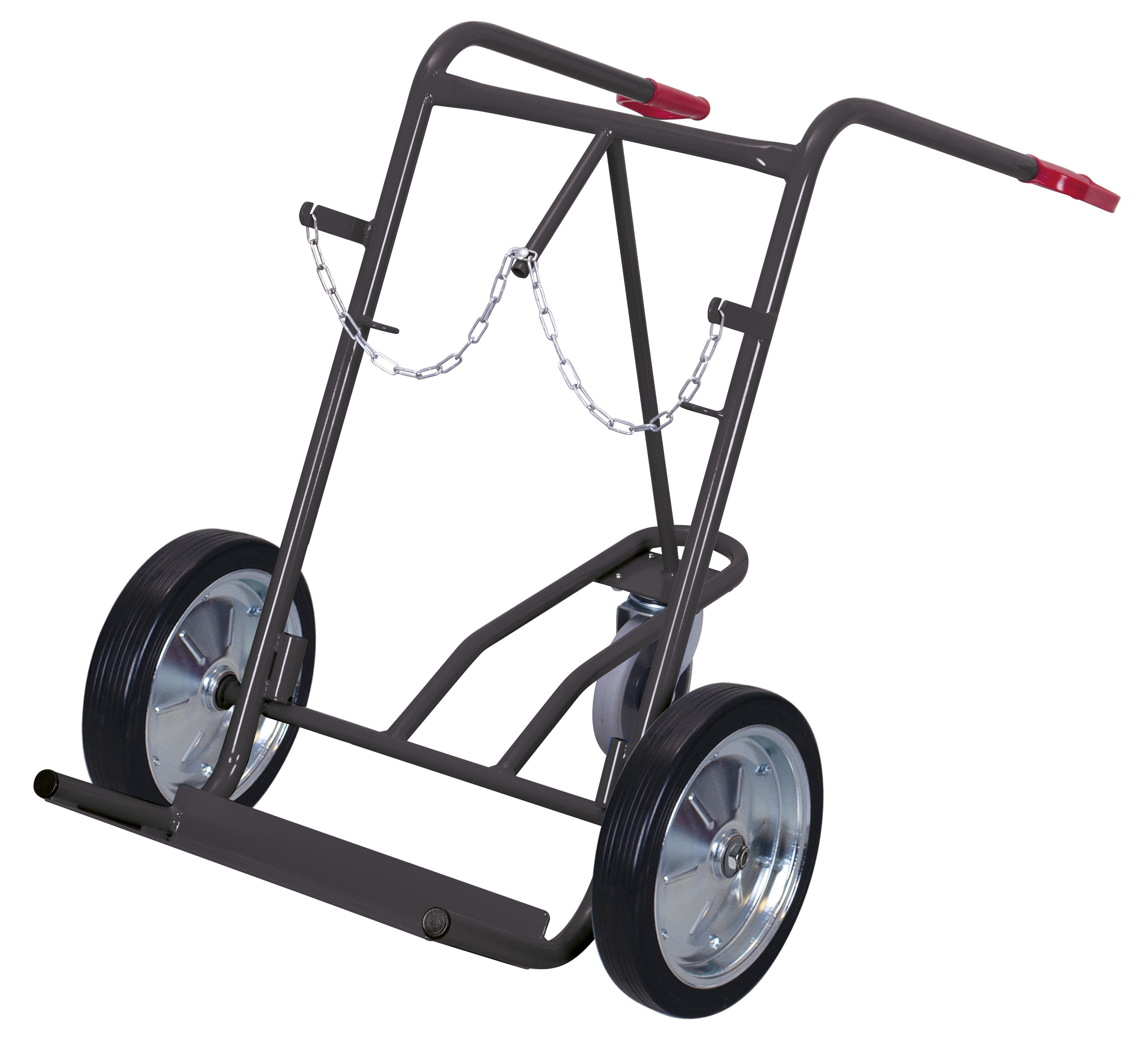 Robuste Stahlflaschenkarre für 2 Flaschen 40–50 Ltr., 855 x 975 x 1240 mm, 200 kg Traglast, festes Stützrad, Vollgummibereifung, RAL 7016