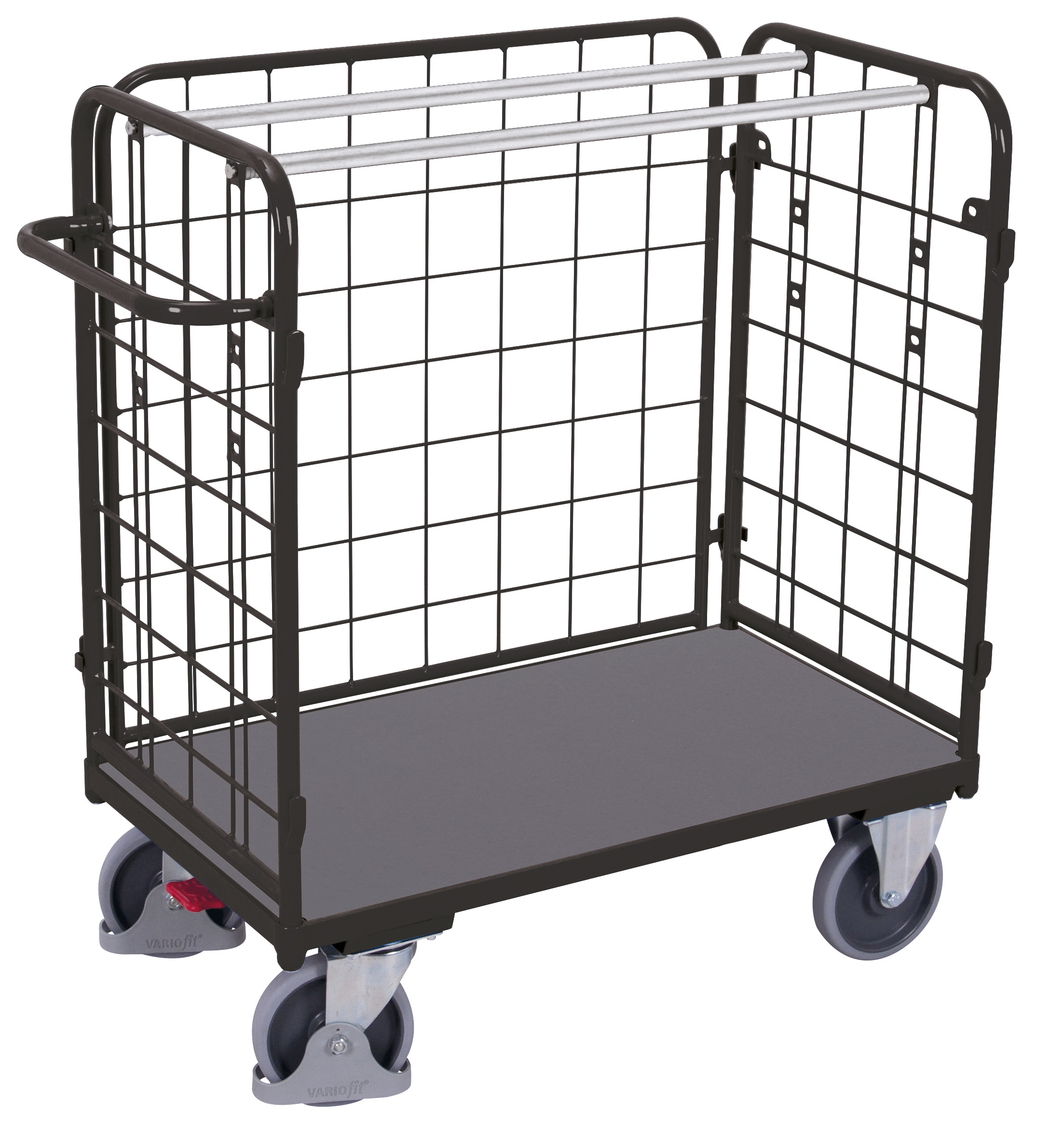 Kompakter Paket-Dreiwandwagen niedrig 1040 × 525 × 1180 mm mit vergitterter Rückwand, 400 kg Traglast, RAL 7016, ideal für Lager & Versand Kompakter Paket-Dreiwandwagen niedrig 1390 × 825 × 1220 mm mit Holzladefläche, 500 kg Traglast, RAL 7016, ideal für Lager & Versand