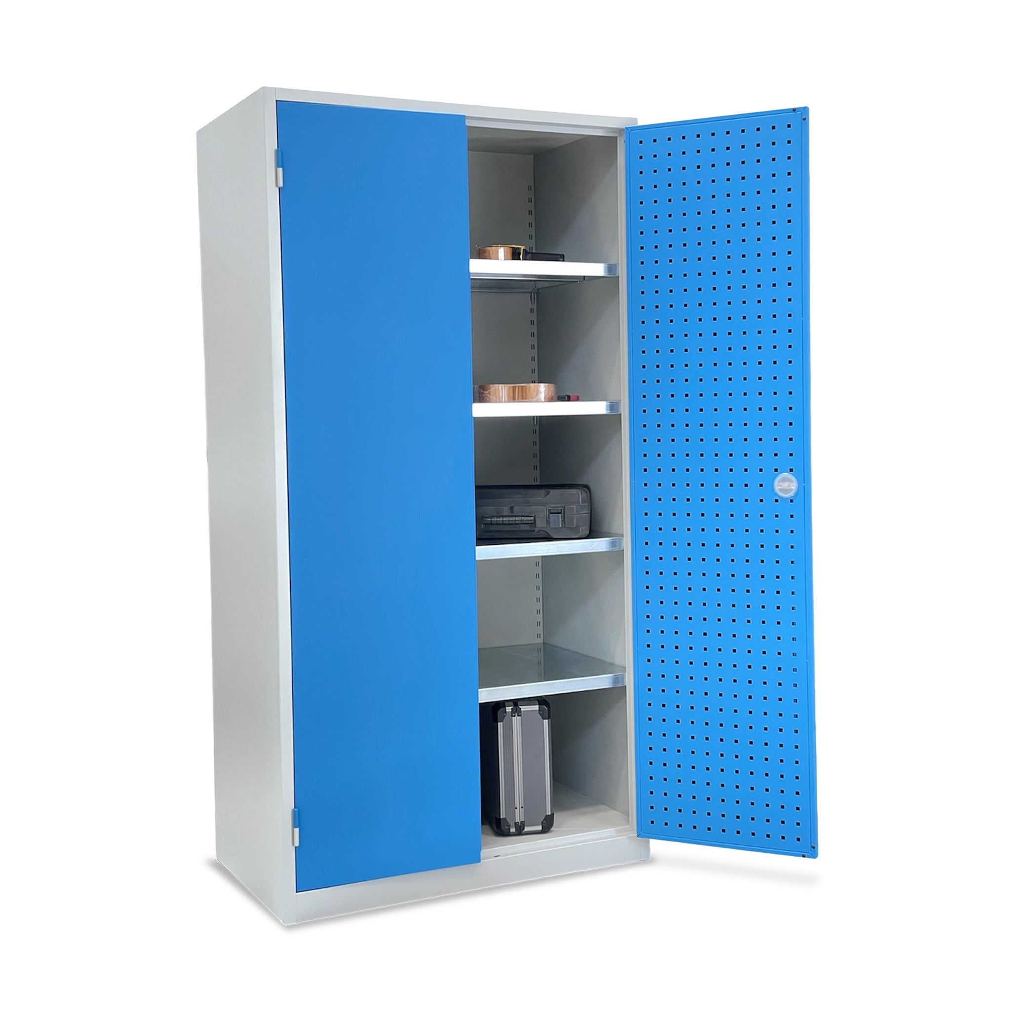 Werkstattschrank 1000 x 600 mm mit 4 Fachböden und 100 kg Tragkraft - Ordnung in der Werkstatt - Lichtgrau Lichtblau - jetzt produktiver arbeiten